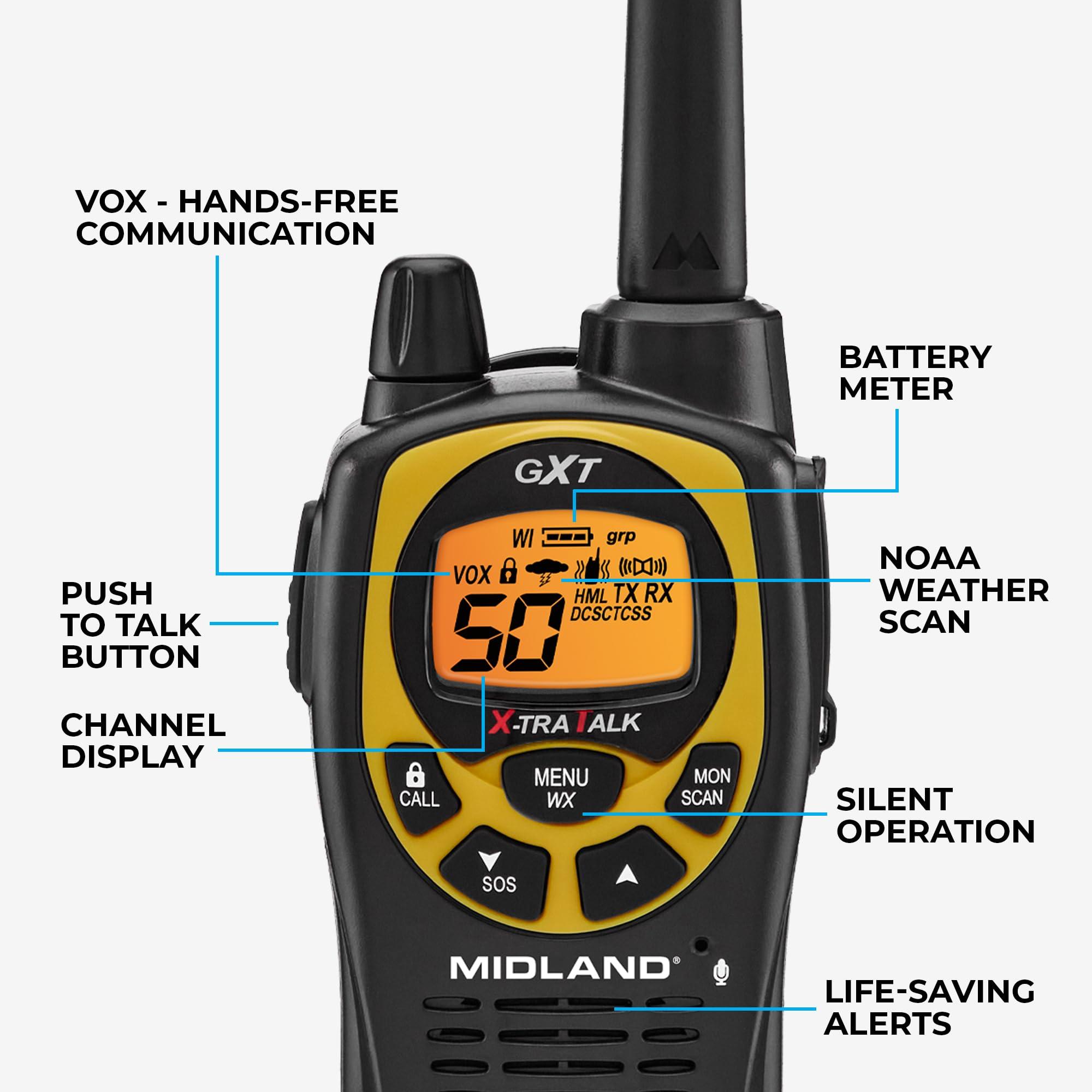 Midland Consumer Radio Midland GXT1030VP4 GMRS Two-Way Radio (50-Channel, Long Range, 142 Privacy Codes, SOS, NOAA, Rechargeable Nickel Battery, Black/Yellow, 2-Pack)