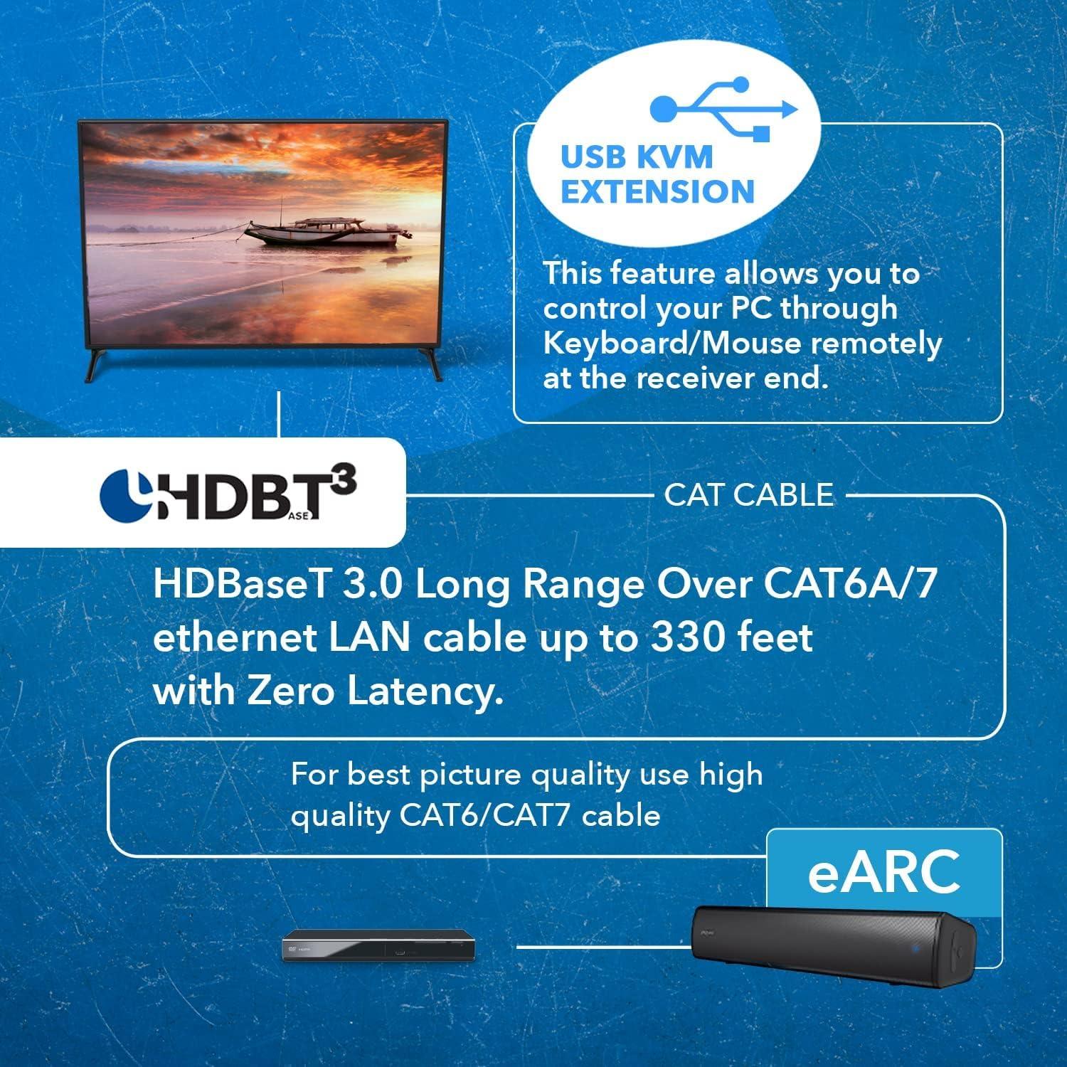 OREI OREI 4K eARC HDMI Extender Balun HDBaseT 3.0 UltraHD 4K @ 60Hz 4:4:4 Over Single CAT5e/6/7 Cable with HDR, LAN, ARC & IR Support, RS-232 Up to 330 Ft Audio Out - Power Over Cable - LAN Out
