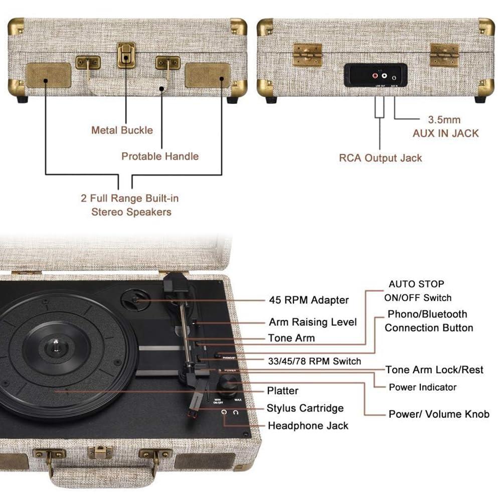 SKEVONO Vinyl Record Player, SKEVONO 33-1/3, 45 & 78 RPM Portable Suitcase Turntable, Bluetooth Vintage Record Player with 2 Built-in Speakers, Supports RCA Output Headphone Jack Phone Music Playback
