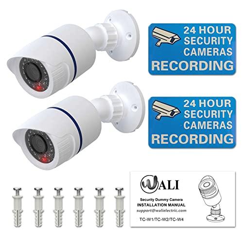 WALI WALI Dummy Fake Camera, Surveillance Security CCTV Dome Camera, Indoor Outdoor Camera, with One LED Light, Security Alert Sticker Decals (TC-W2), 2 Pack, White