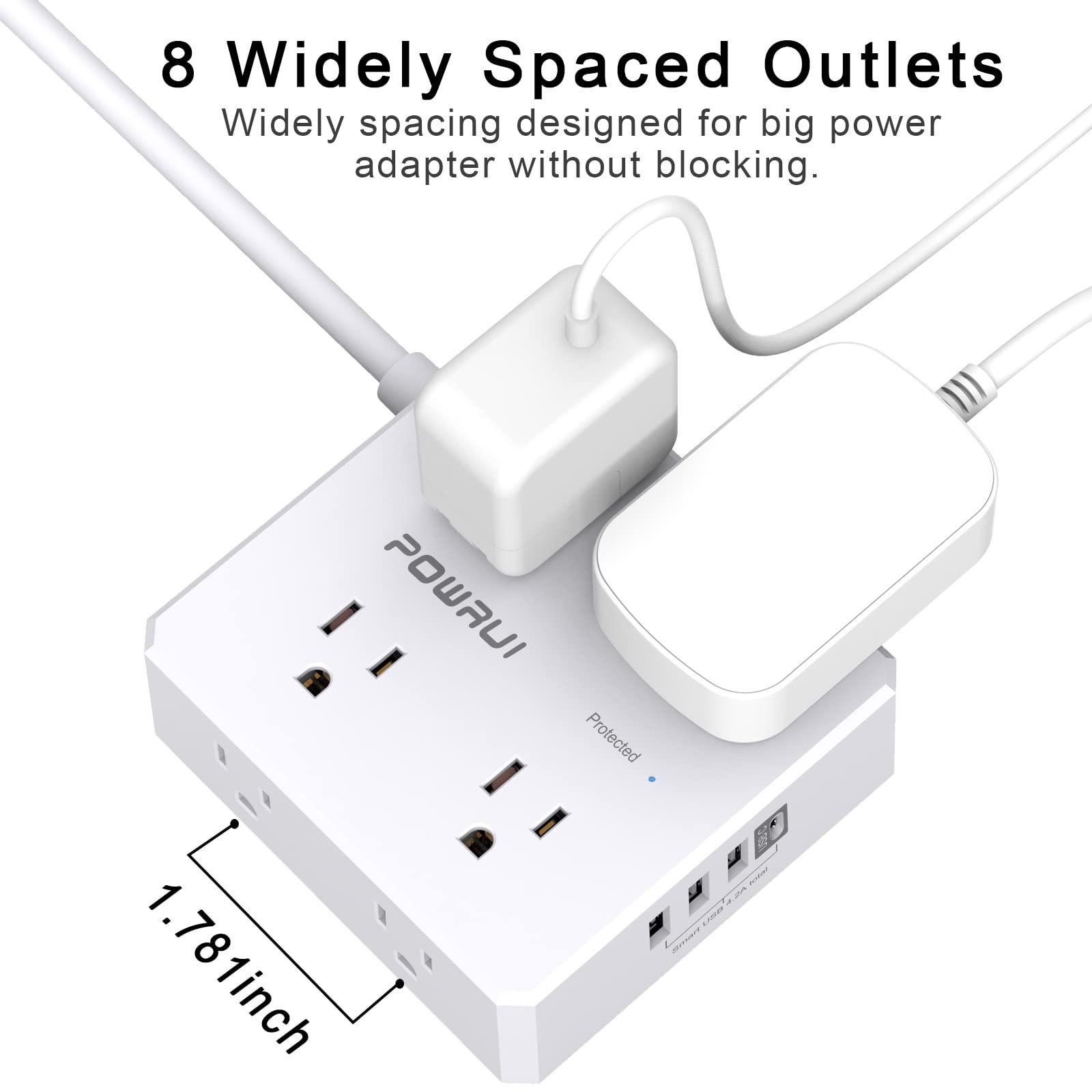 POWRUI Surge Protector Power Strip - 6 Ft Flat Plug Extension Cord with 8 Widely Outlets and 4 USB Ports(1 USB C), 3 Side Outlet Extender for Home Office, White, ETL Listed