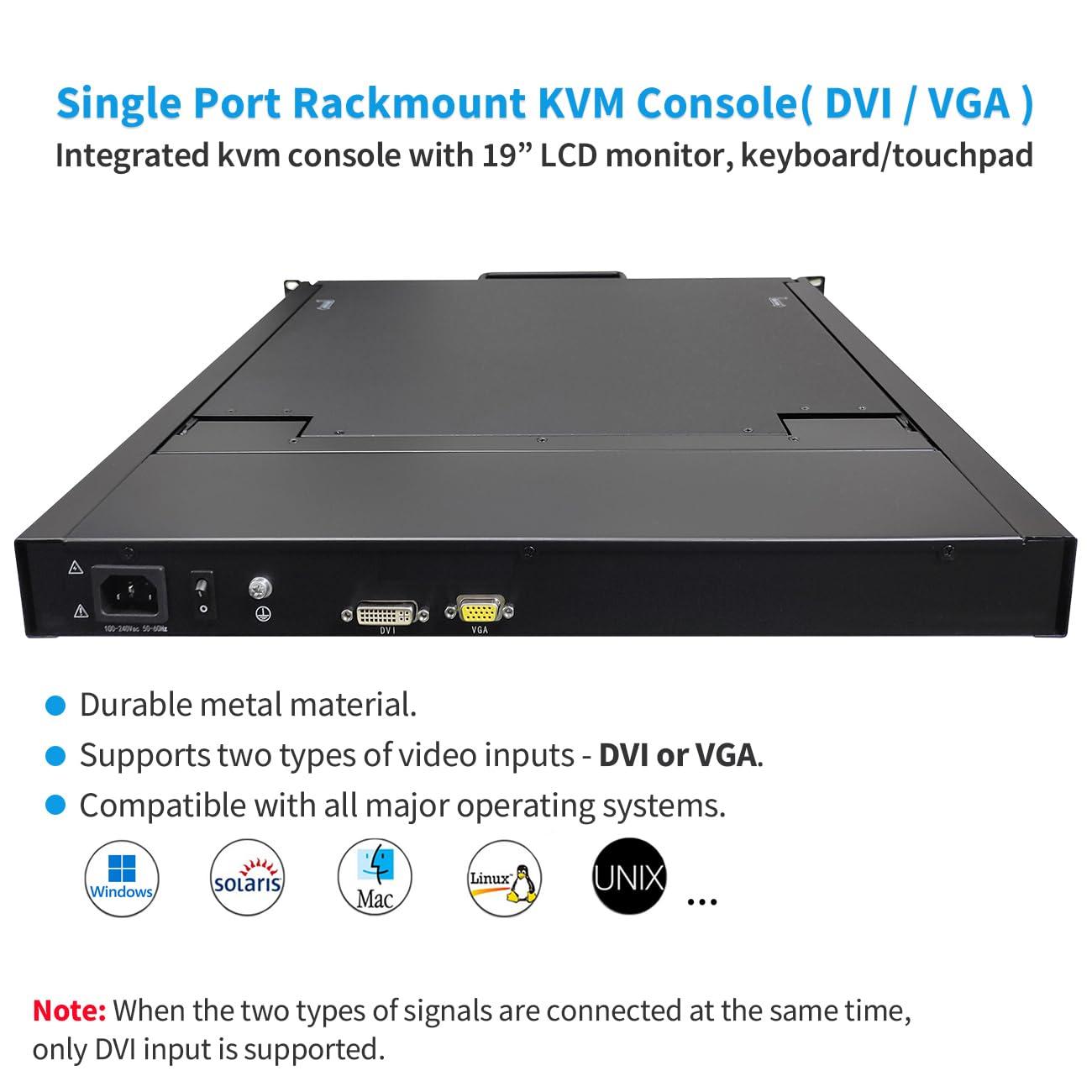 Kinan 19" Rack Mount Monitor and Keyboard, 1U KVM Console, Single Port DVI VGA Rack KVM Switch, 1280X1024 60Hz, 5:4 Ratio, 23.8" Deep, VGA and DVI KVM Cable Included, Compatible with Windows,Linux,Mac,etc