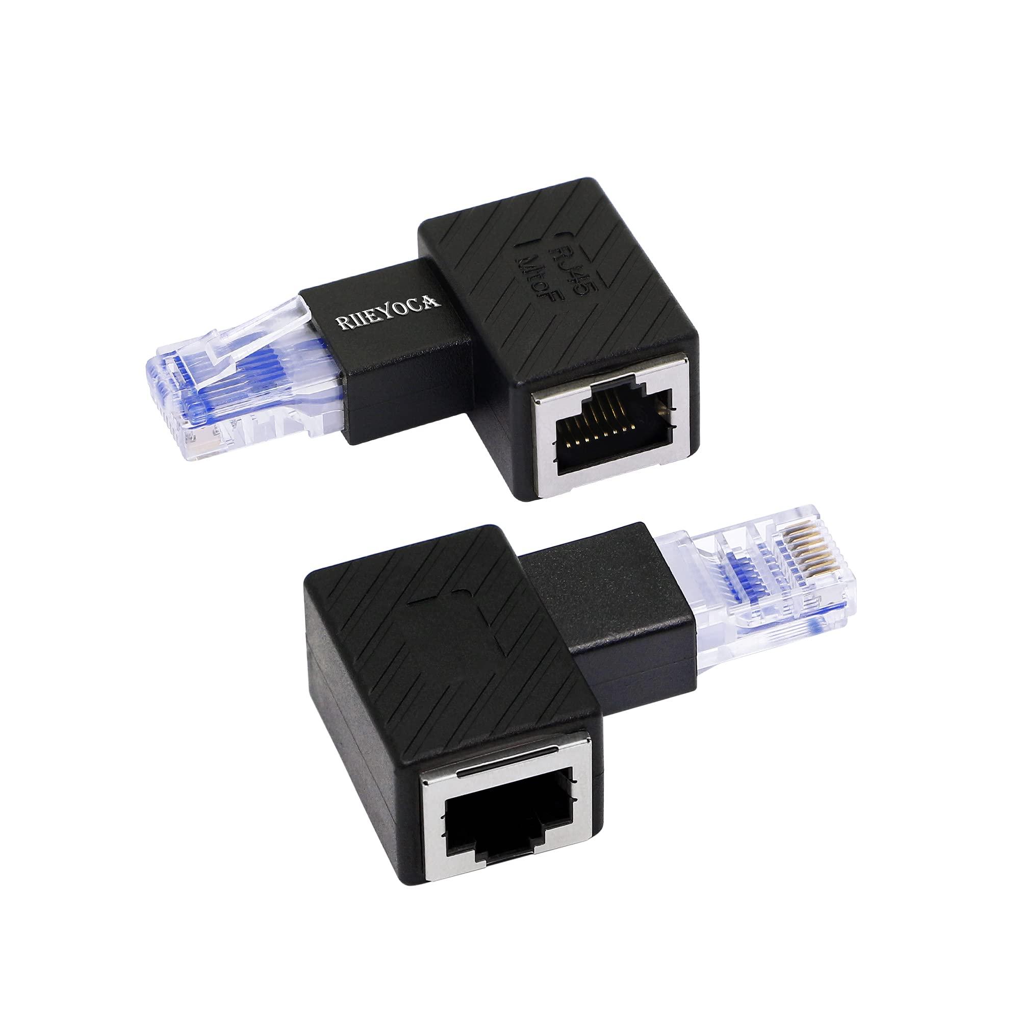 RIIEYOCA RIIEYOCA 90 Degree Ethernet Adapter,Right Angle RJ45 Male to Female Extension Cat6 LAN Network Connector,for Computers, Laptops, Routers(2-Pack)