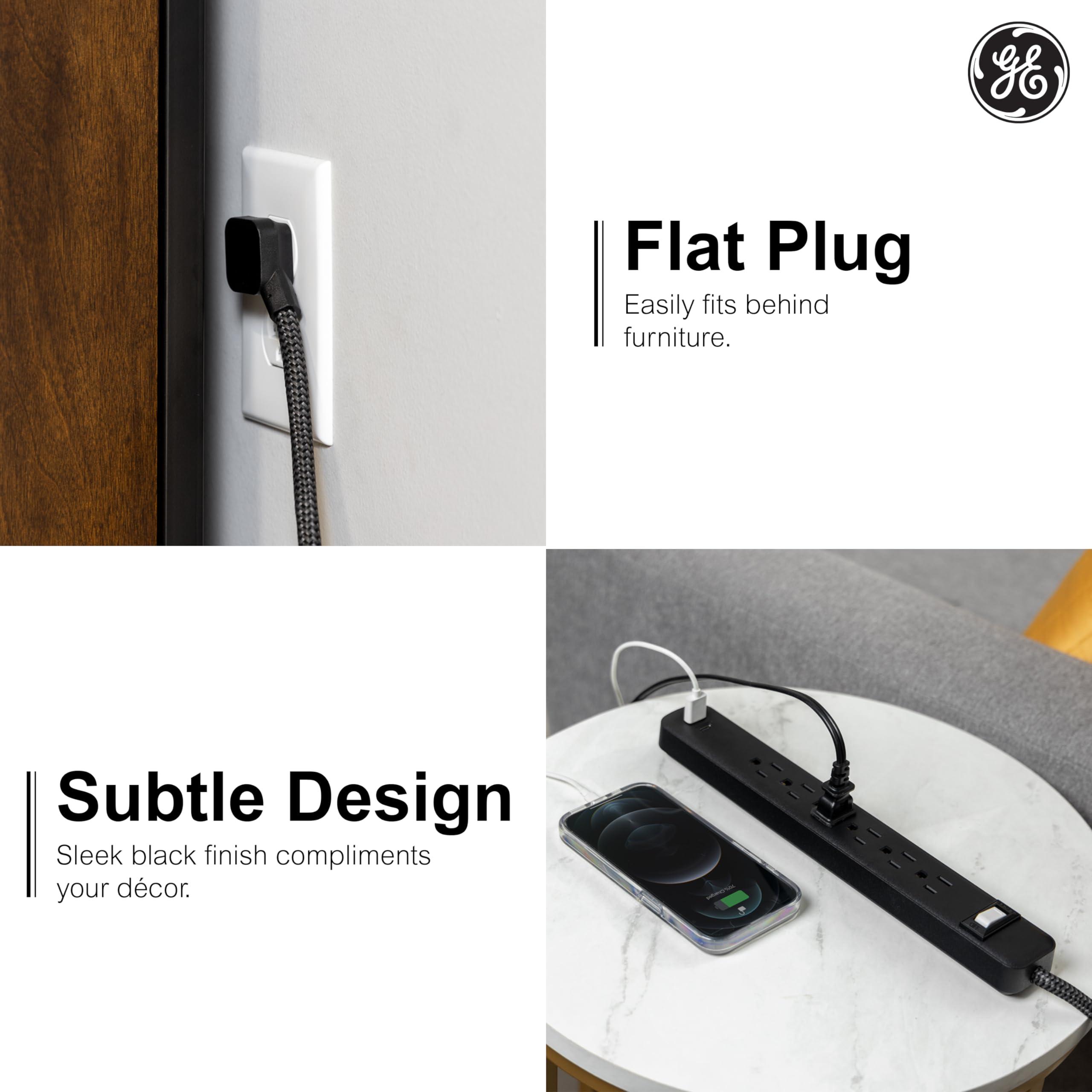 GE GE 6-Outlet Power Strip with USB, 1 USB-A, 1 USB-C, Outlet Extender, 6 Ft Braided Extension Cord, Flat Plug, Charging Station, Black, 82595
