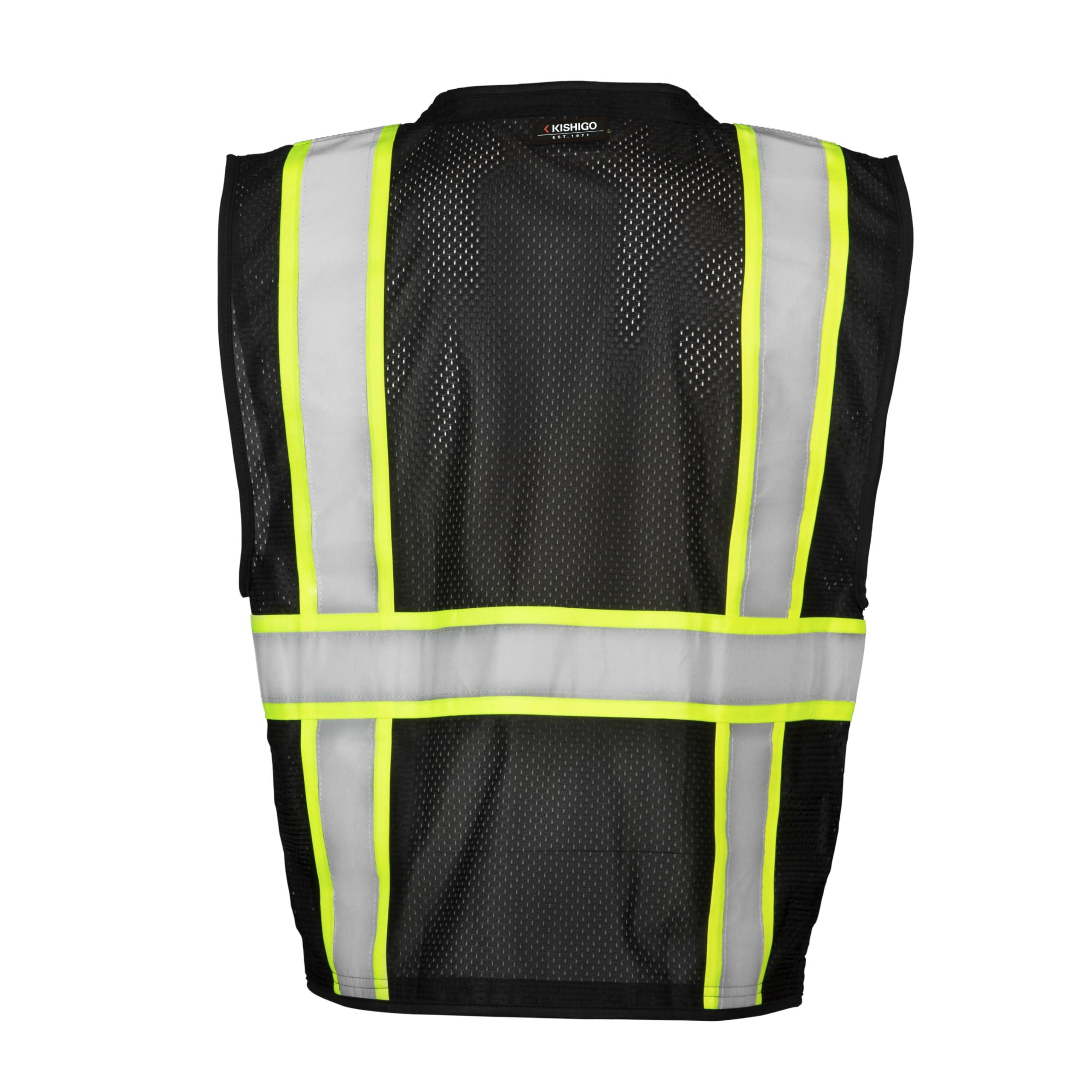 ML Kishigo Kishigo Black Enhanced Visibility Unisex Vest B100, Multi Pocket Mesh Hi-Vis Vest, Ultra-Cool Polyester Material, 6 Pockets, Zipper Front Closure, Construction Work Safety Vest (Black EV, LG-XL)