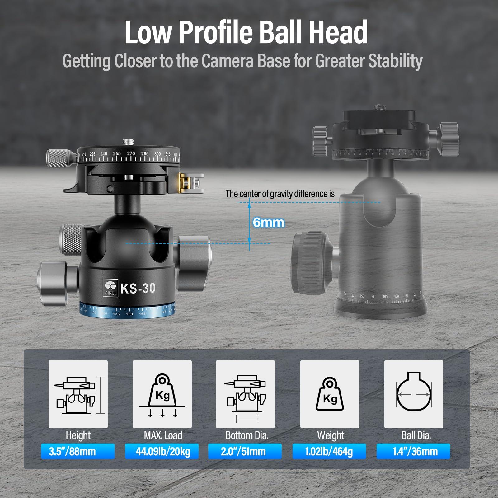 Sirui SIRUI 36mm Low Profile Ball Head KS-30, 360 Double Panoramic Aluminium Alloy Tripod Head for Camera, Camcorder, Professional Heavy Duty Ball Head for Tripod, Monopod, Camera Slider, Max Load 20KG