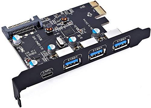 YEELIYA PCI Express(PCIe) to USB 3.0 Type C +Type A Expansion Card,PCI-E to USB Add-on Cards with 4 Ports USB 15 Pin SATA Power Connector for Desktop PC