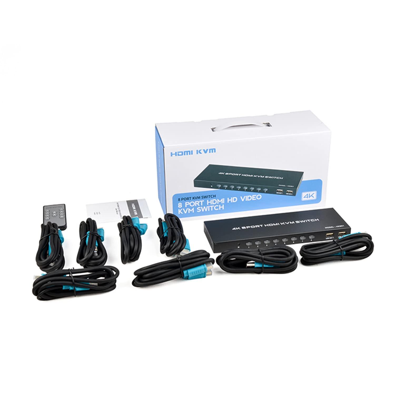 KAGO KVM Switch HDMI 8 Port - HDMI Switch with Remote- USB Switch Selector for 8 Computers Share Keyboard Mouse Printer,Flash Drive,HD Monitor, Support 4K@30Hz, 8 KVM Cables 1 Remote Included