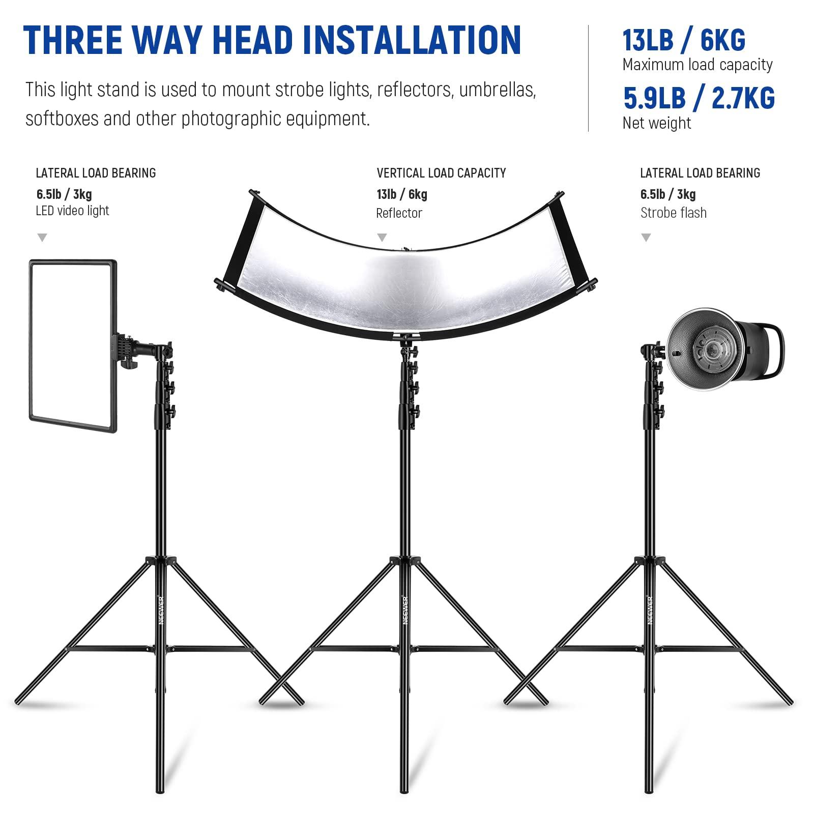 Neewer NEEWER 13ft/4m Air Cushioned Light Stand, Heavy Duty All Metal Photography Tripod Stand with 1/4 to 3/8 Reversible Spigot, 3 Way Mounting Interface & Metal Locking Knobs, Max Load 6.5lb/3kg