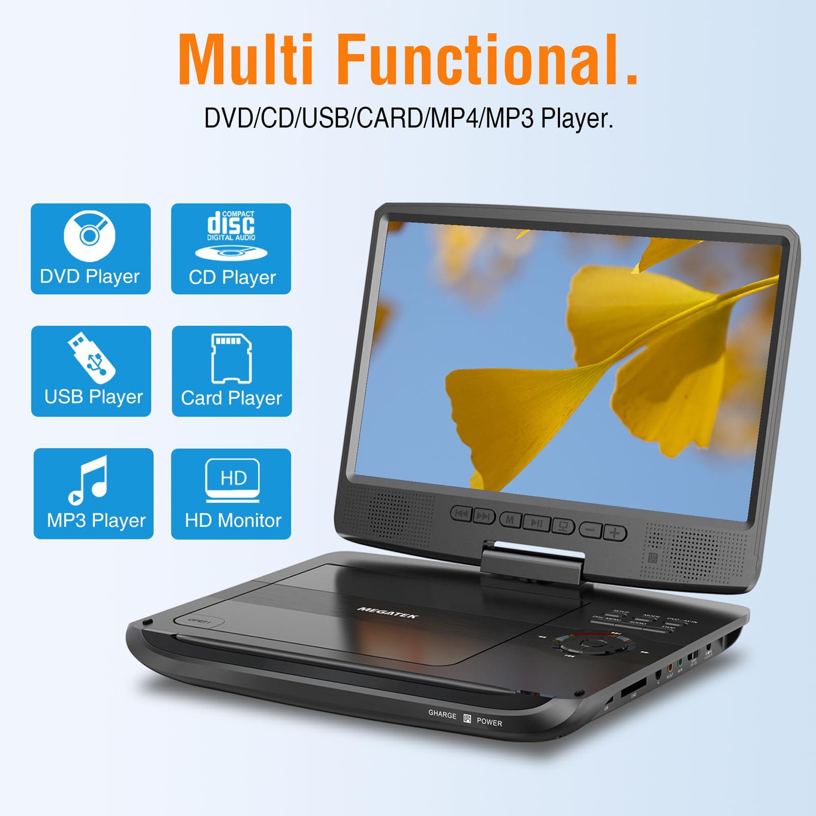 MEGATEK Megatek 12.5" Portable DVD Player with Headphones, Extended 6-Hour Battery, 10.5" HD Swivel Screen, Supports CD/DVD/USB/SD Card, Car Headrest Mount, Car Charger, AC Power Adapter, Remote Control