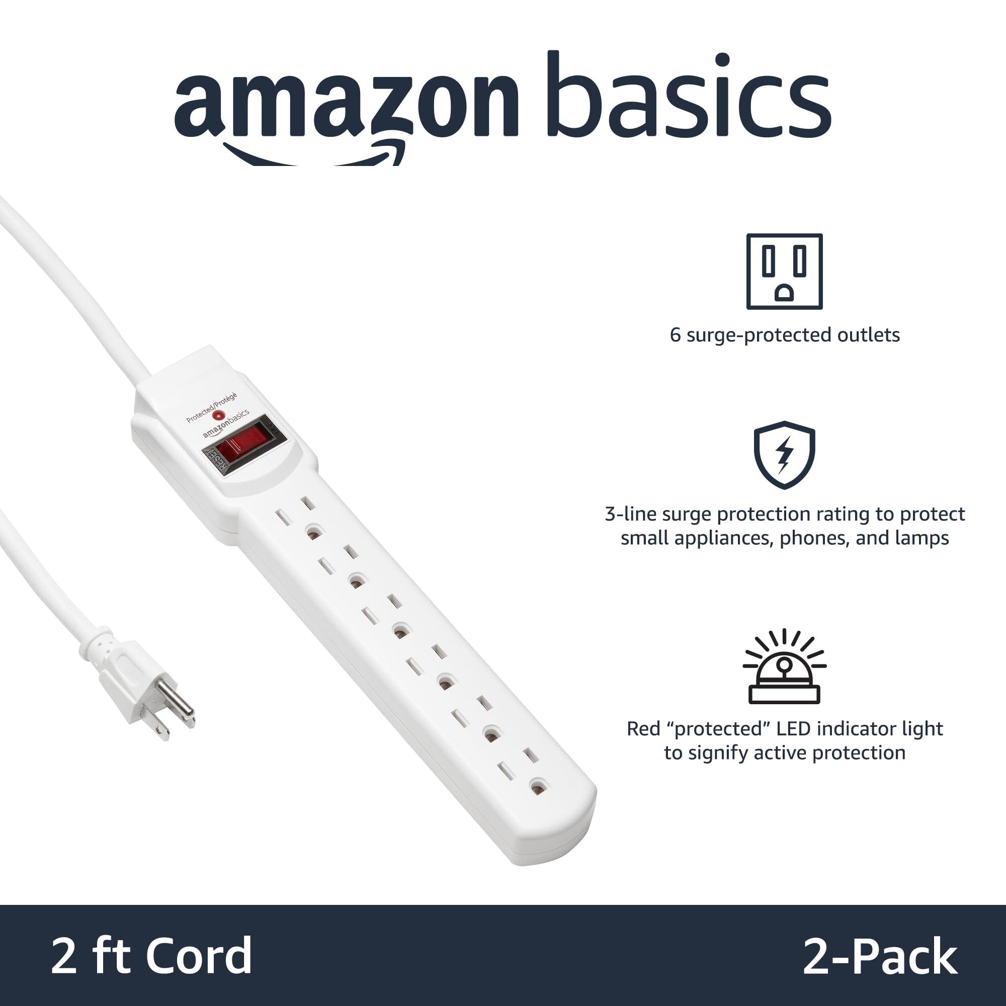 Amazon Basics Amazon Basics Rectangular 6-Outlet, 200 Joule Surge Protector Power Strip with Circuit Breaker, 2 Foot Cord Length, White - Pack of 2