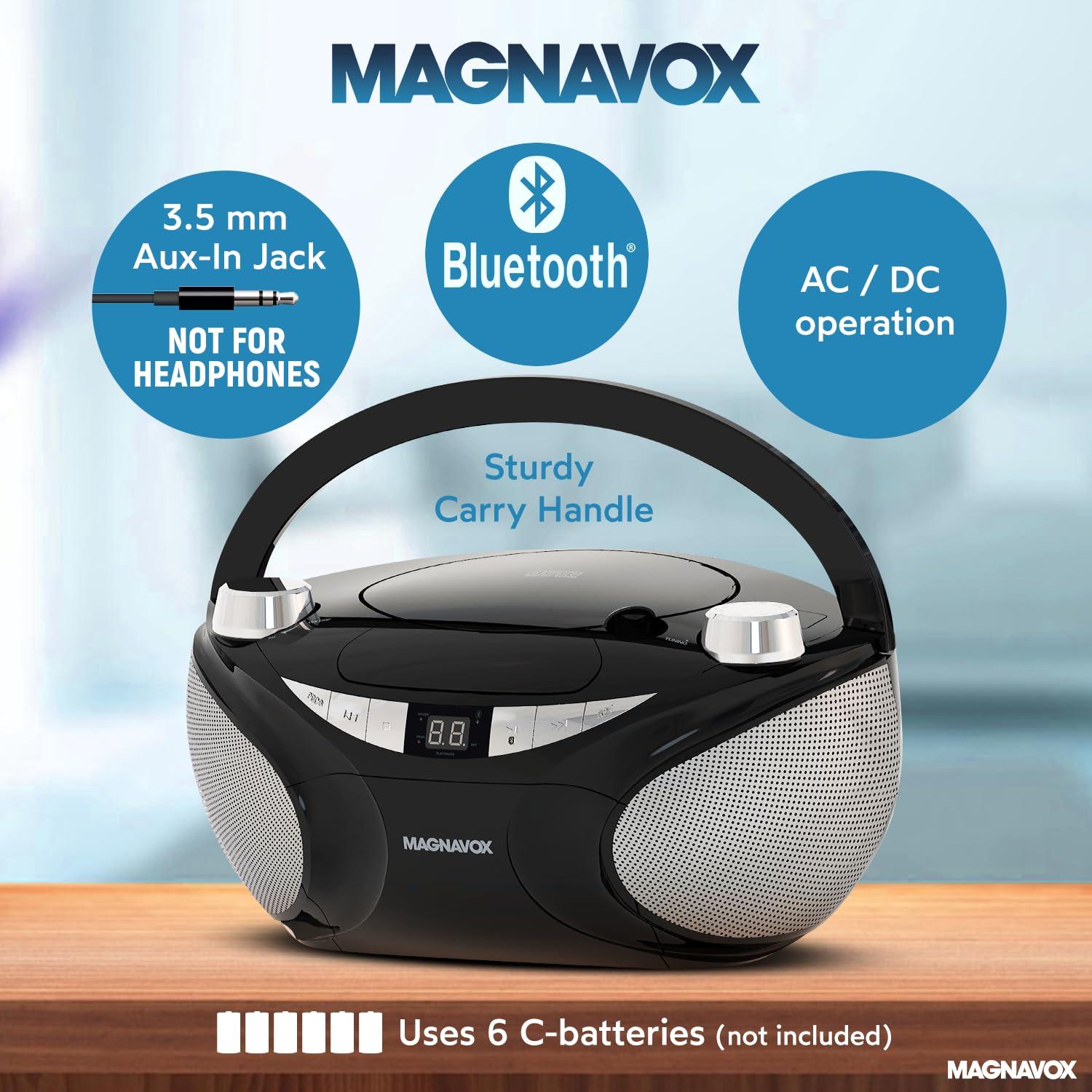 Magnavox Magnavox MD6949 Portable Top Loading CD Boombox with AM/FM Stereo Radio and Bluetooth Wireless Technology in Black | CD-R/CD-RW Compatible | LED Display | (Black)