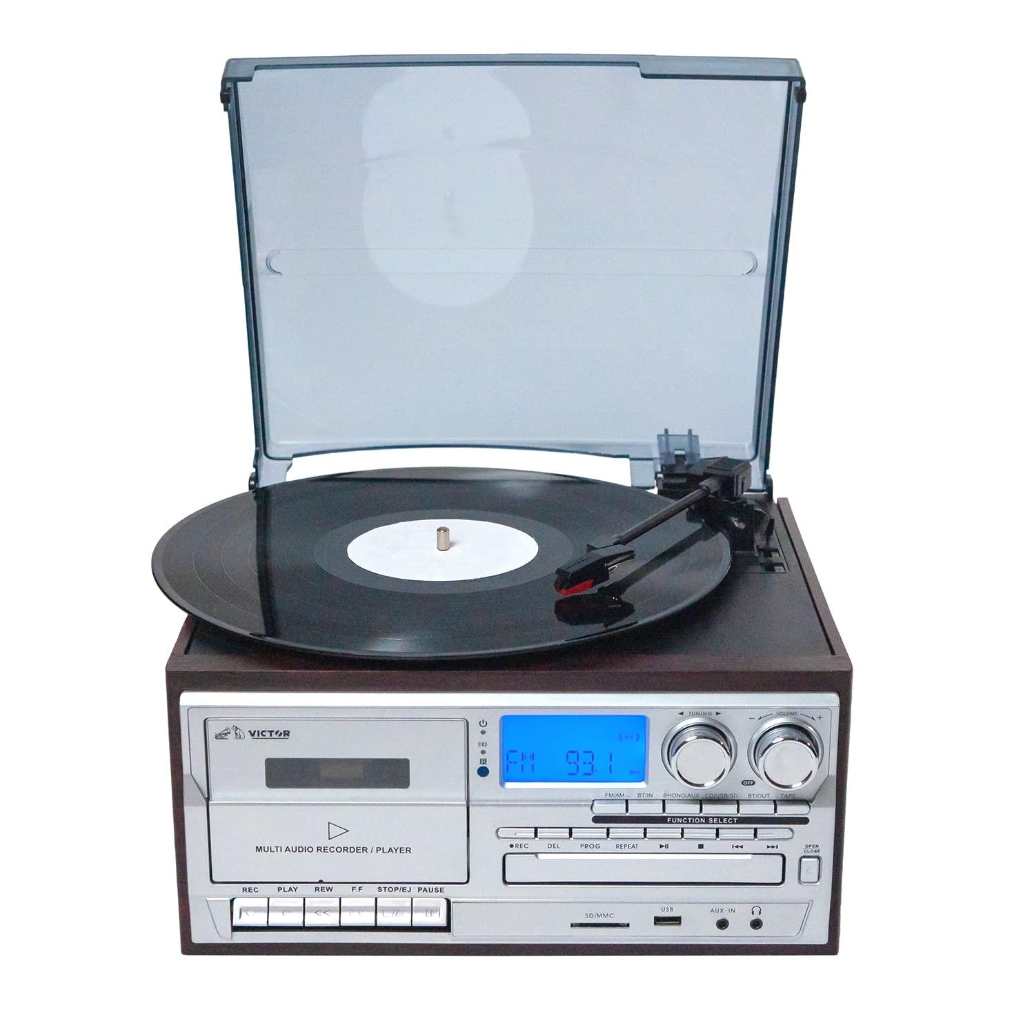 VICTOR Victor VWRP-4200 Cosmopolitan 8-in-1 Turntable Music Center with 3-Speed Record Player, CD/MP3/Cassette Player, AM/FM Radio, Dual Bluetooth in & Out, USB Playback & Recording