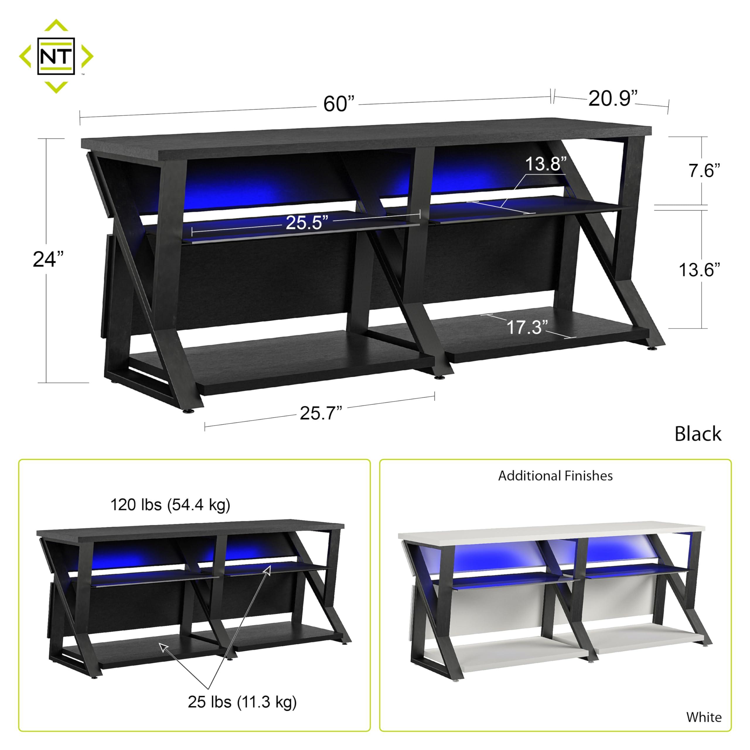 NTENSE NTENSE Genesis Gaming TV Stand for TVs up to 70", Wire Management TV Stand, Gaming Entertainment Center, Man Cave, Game Room, Play Room, LED RGB Lights, White