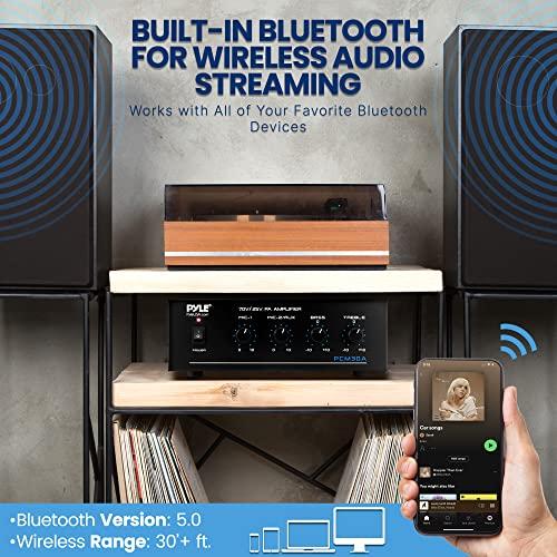 Pyle Pyle Compact Mini Home Power Amplifier - 60W Smart Small Indoor Audio Stereo Receiver w/ RCA, 2 Microphone IN, 25/70 Volt Outputs, LED, Input Selector, For PA, Amplified Speaker Sound System - PCM30A