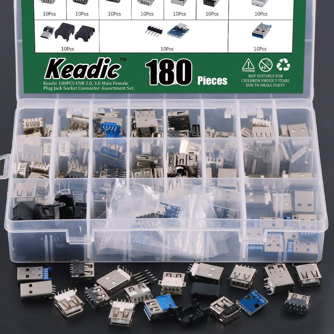 Keadic Keadic 180PCS Micro USB Female Socket Male Socket, USB 2.0, 3.0 Male Female Jack Socket Connector Set Includes Micro USB Type B 5 Pin T Port Male Connector, 9-Pin Male Port Connectors