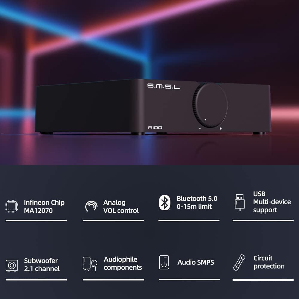 S.M.S.L SMSL A100 Amplifier Home Audio, Stereo Amplifier Uses Infineon's Power Amplifier Chip MA12070, 2 * 80W Output Power, USB Multi-Device Support, Bluetooth 5.0 with Circuit Protection