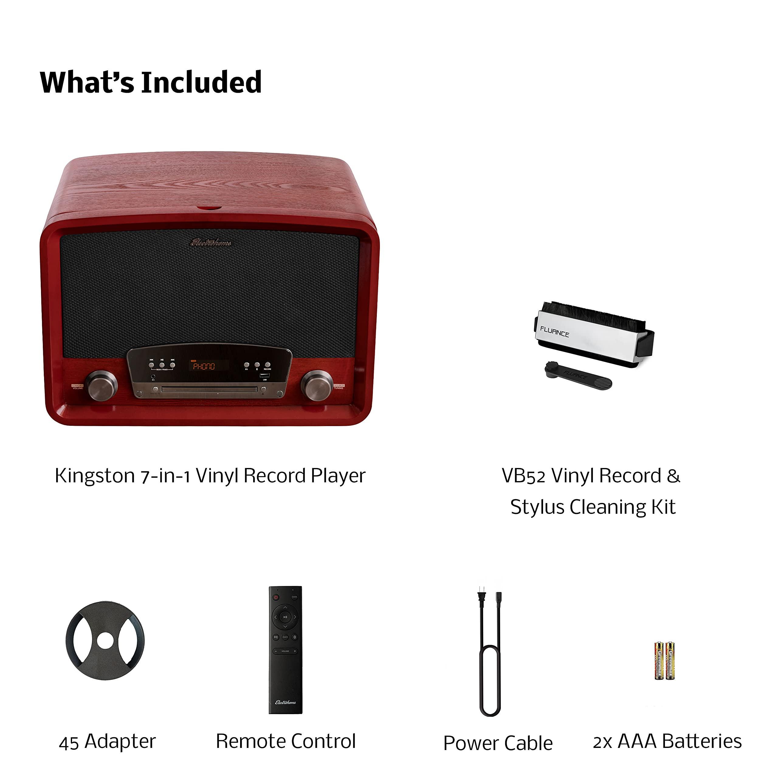 Electrohome Electrohome Kingston 7-in-1 Vintage Vinyl Record Player - 3-Speed Turntable Bluetooth AM/FM Radio CD Aux in RCA/Headphone Out Vinyl/CD to MP3 Recording & USB Playback with Vinyl Record Cleaning Kit
