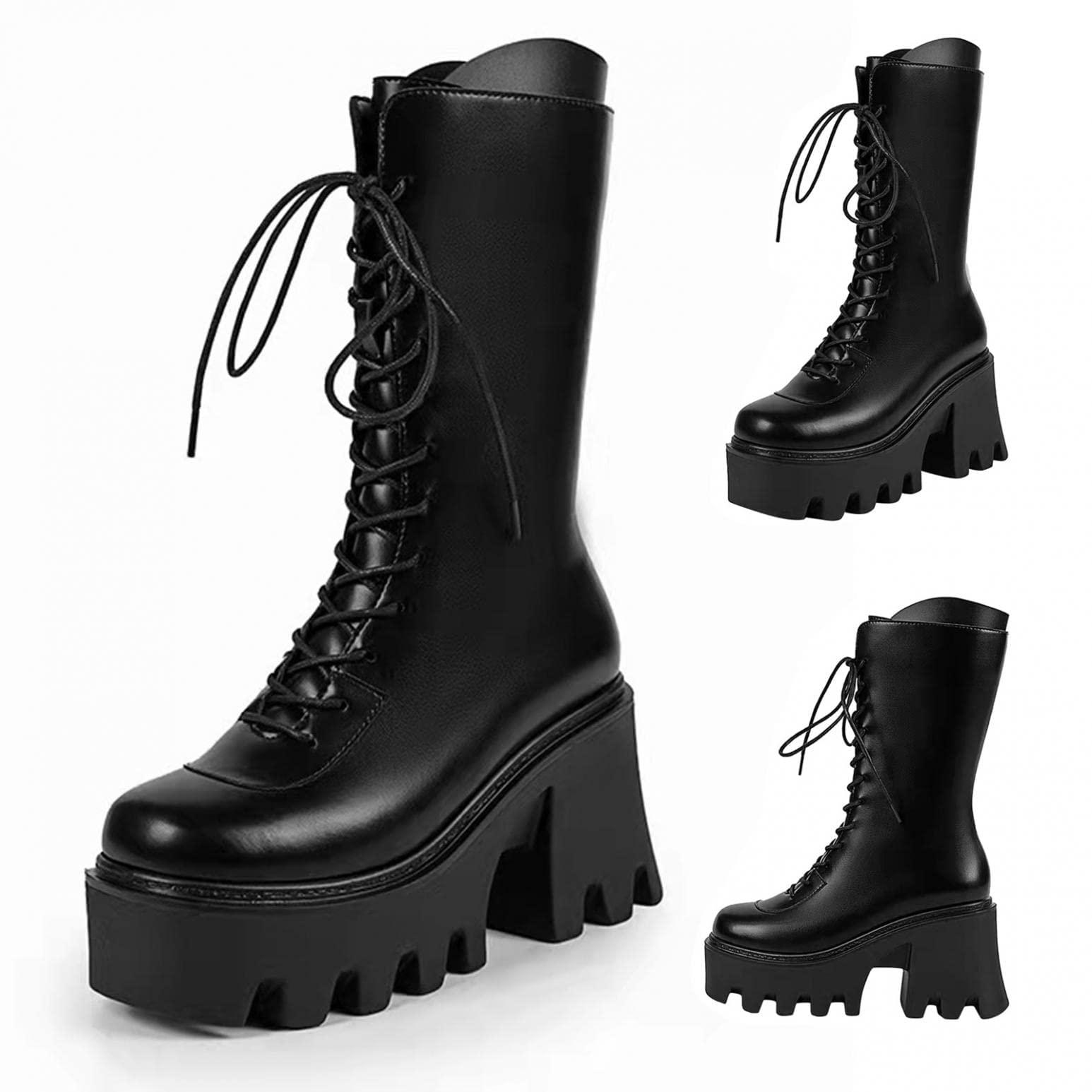 Bcshiye Bcshiye Womens Platform Mid Calf Wedges Booties Winter Chunky Platform High Heel Square Toe Lace up Punk Combat Boots