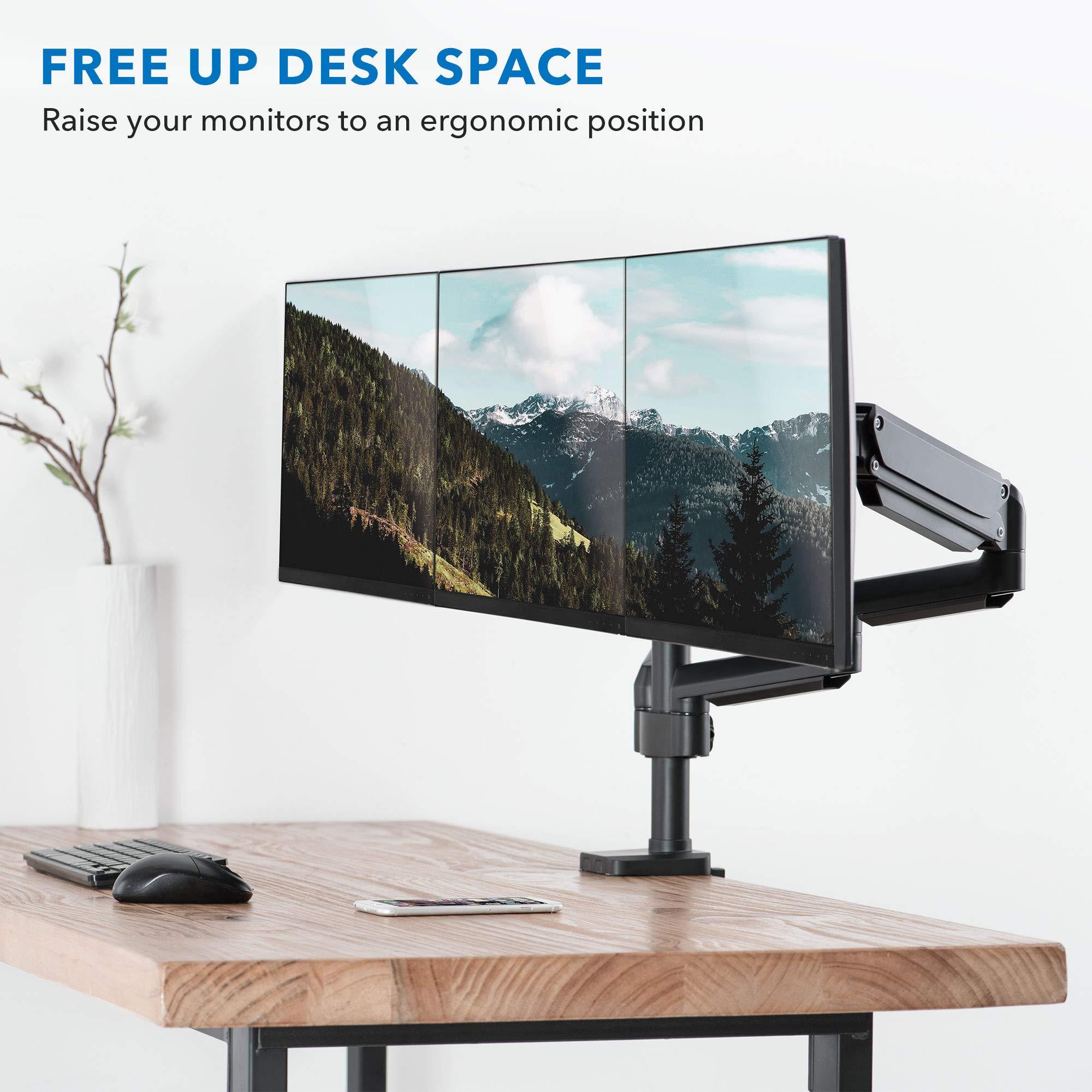 Mount-It! Mount-It! Triple Monitor Mount for Computer Screens Up to 27 Inch, Triple Monitor Stand with Gas Spring Arms, Holds 15.4 lbs Per Arm, 3 Monitor Stand Desk Mount with Tilt, Swivel, VESA 75x75,100x100mm