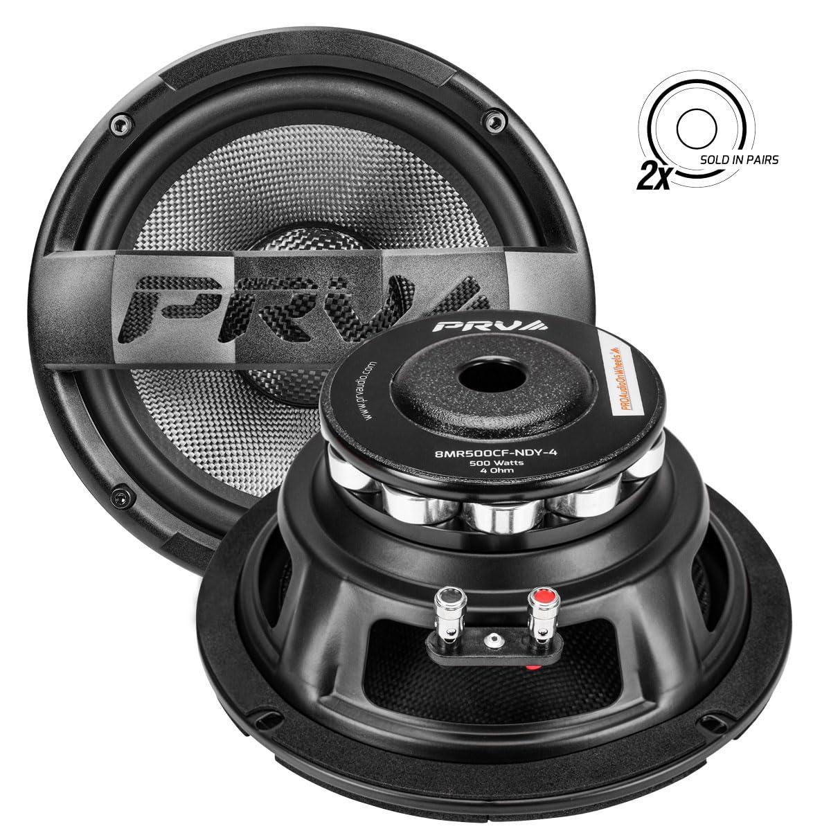 PRV AUDIO PRV AUDIO Carbon Fiber 8\" Midrange Speaker 500 Watts 4 Ohm Neodymium 8MR500CF-NDY-4 Water Resistant Pro Audio Loudspeaker for Boat UTV 4-Wheeler Motorcycle (2 Speakers)