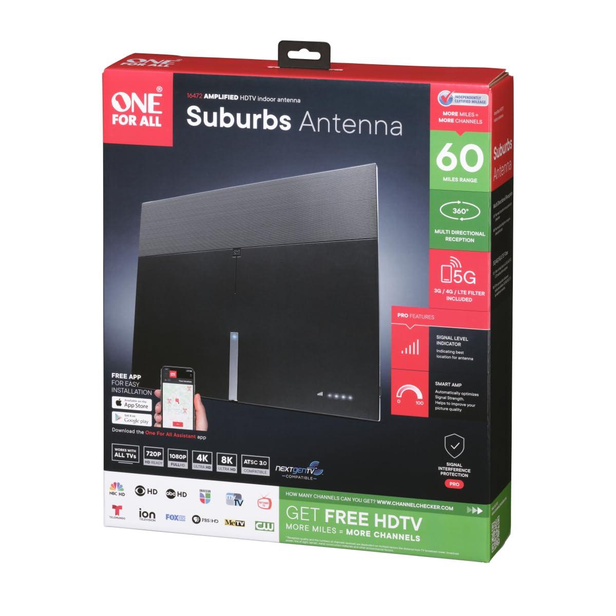 One For All One for All 16472 HDTV 1080p Amplified Indoor TV Antenna 50 Mile Range with Multi Directional Reception, 8 Feet Coaxial Cable & Signal Level Indicator - Black