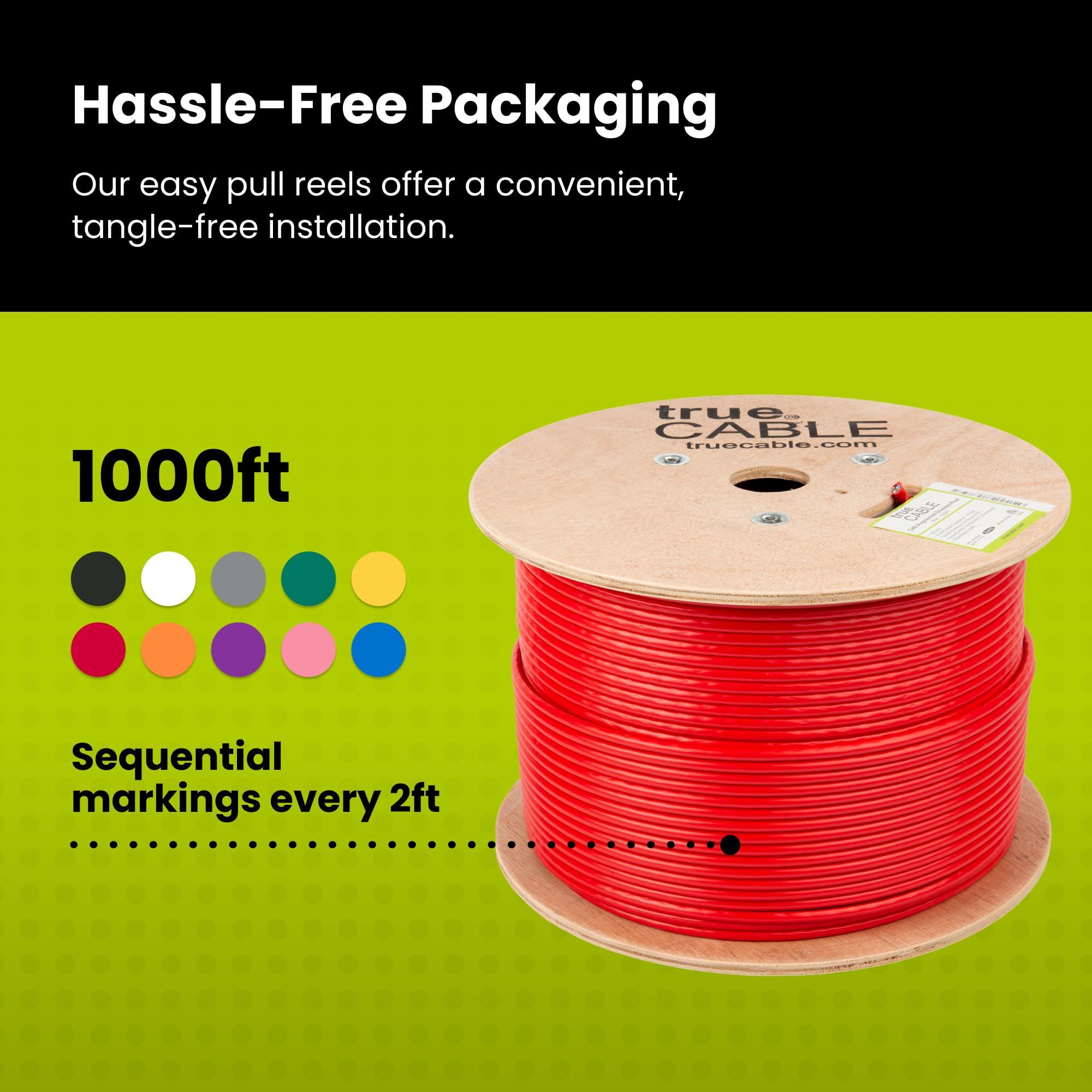 TRUE CABLE trueCABLE Cat6A Shielded Riser (CMR), 1000ft, Red, 23AWG Solid Bare Copper, 750MHz, PoE++ (4PPoE), ETL Listed, Overall Aluminum Foil Shield (F/UTP), Bulk Ethernet Cable