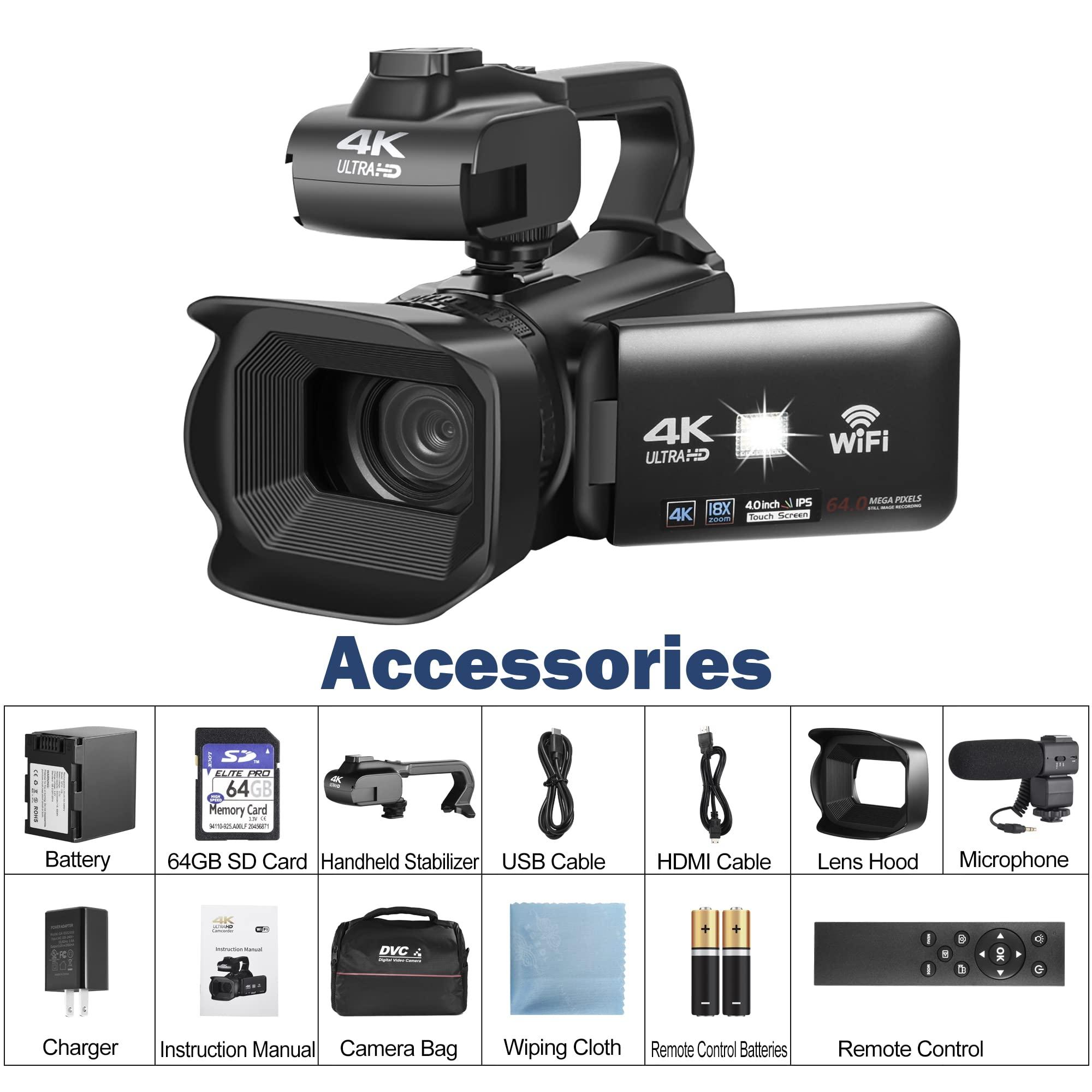 Lierhyt Lierhyt 4k Video Camera Camcorder with 18X Digital Zoom,64MP Vlogging Camera for YouTube,4.0-inch Rotating Touchscreen,64GB SD Card,Microphone,Remote Control,Durable Battery(Black)