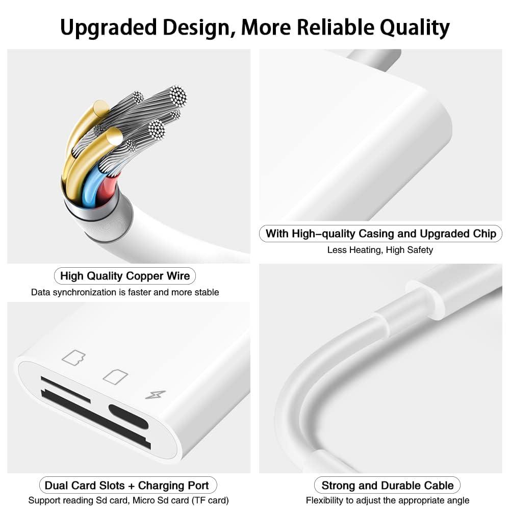 SUNTRSI SD Card Reader for iPhone iPad,Micro SD Card Reader Memory Card Reader Plug and Play Trail Camera SD Card Adapter,Simultaneous Charging and Reading
