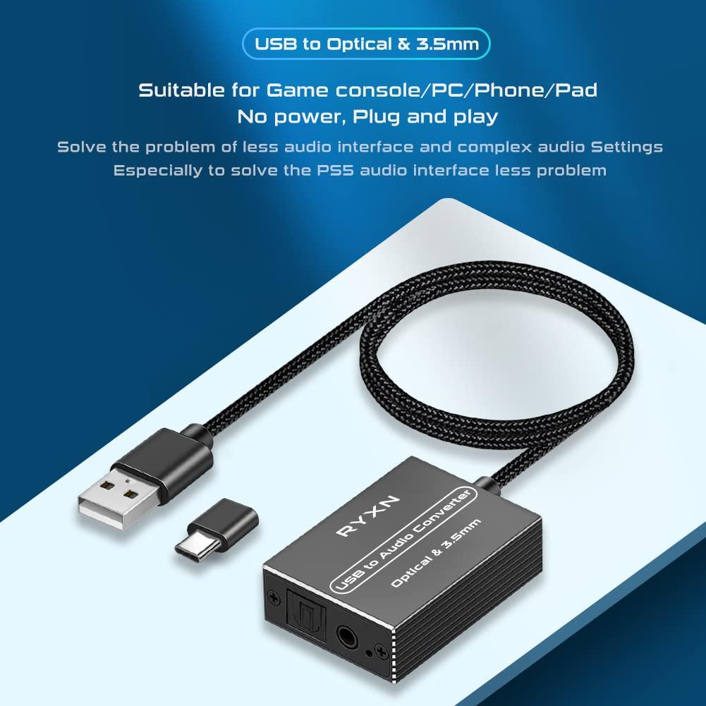 RYXN RYXN USB to Optical Spdif Toslink & 3.5mm Audio Adapter Converter, Support USB-A & USB-C Type-C Port, for PS5 PS4 NS Laptop Phone to Sound bar Speakers