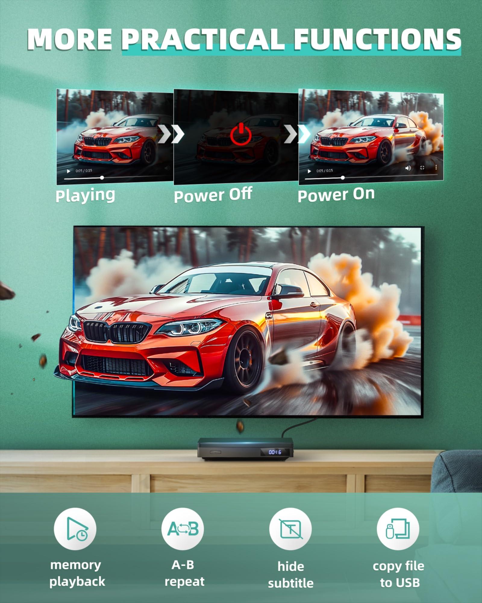 SHIWAKOTO Mini DVD Players for TV, HDMI DVD Player with HDMI RCA Cable, All Region Free Compact DVD Player Support USB, AUX, NTSC/PAL, Memory Playback, Small CD DVD Players with Remote Control