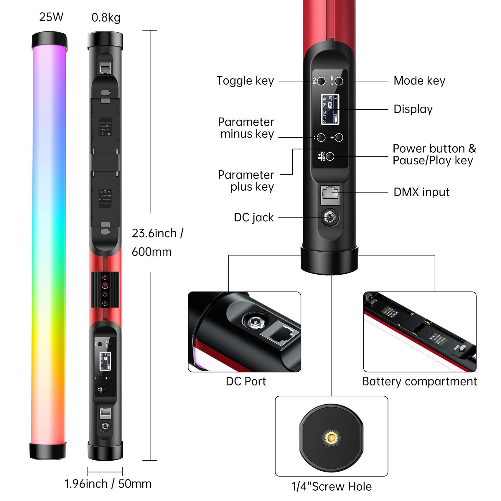 GVM Great Video Maker GVM RGB Tube Light, BD25R 25W Light Wand with 300 Lamp Beads, 24" Photography Lighting with DMX/APP Bluetooth Mesh Networking, 2700-10000K Light Bar with 12 Scene Effects, Studio Light Stick