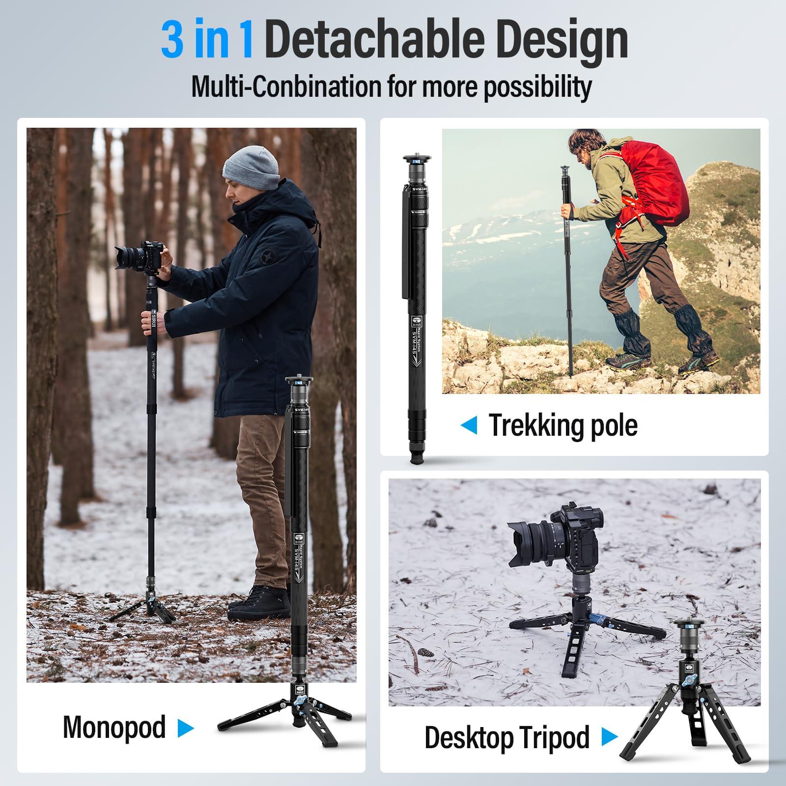 Sirui SIRUI SVM-145 Camera Monopod with Feet, 60.7" Professional Carbon Fiber Monopod with Fluid Video Head, One-Step Height Adjustment, Lightweight Travel Monopod for DSLR Camera, Modular, Max Load 22lbs