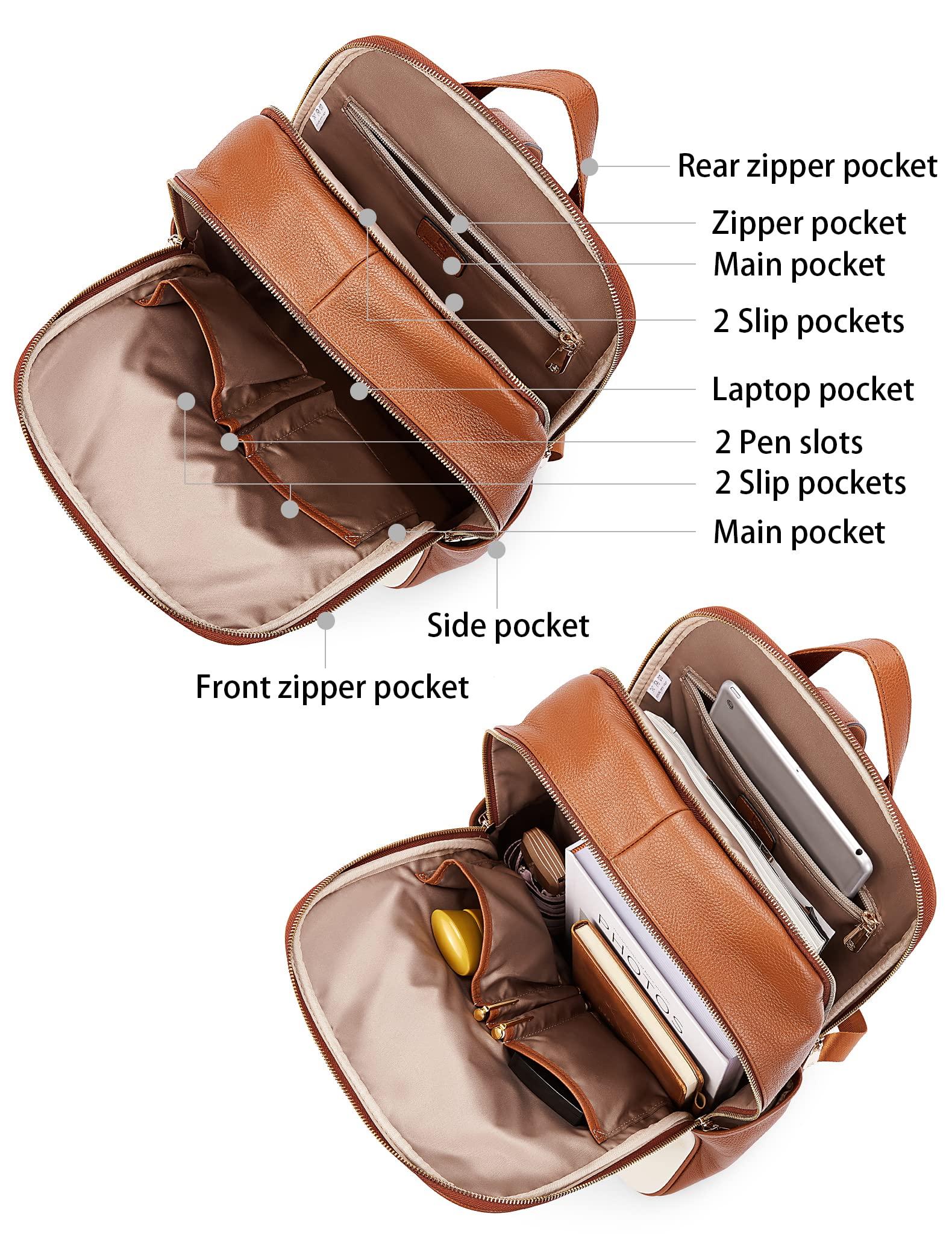 BOSTANTEN BOSTANTEN Genuine Leather 15.6 inch Laptop Backpack Purse for Women College Casual Backpack Travel Bag Daypack Beige-brown