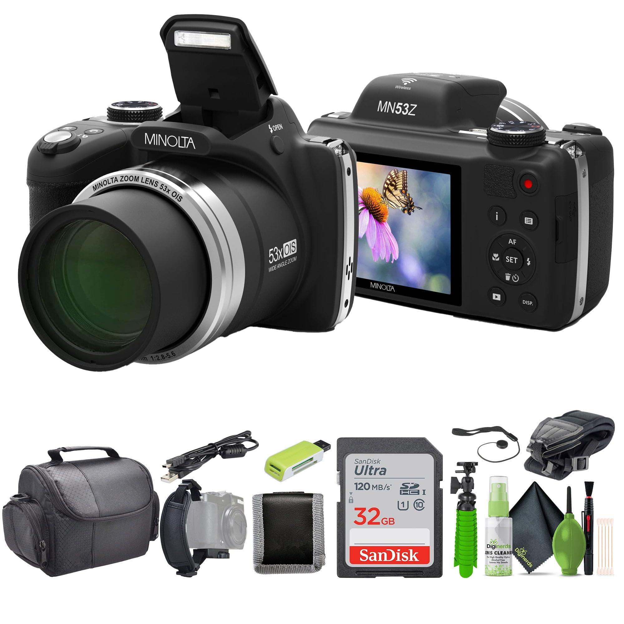 Minolta MINOLTA MN53Z 16 MP / 1080P FHD Bridge Digital Camera w/53x Optical Zoom (Black) Bundle with 32GB Memory Card + Camara Bag + Cleaning Kit + Vlogging Tripod + Accessories