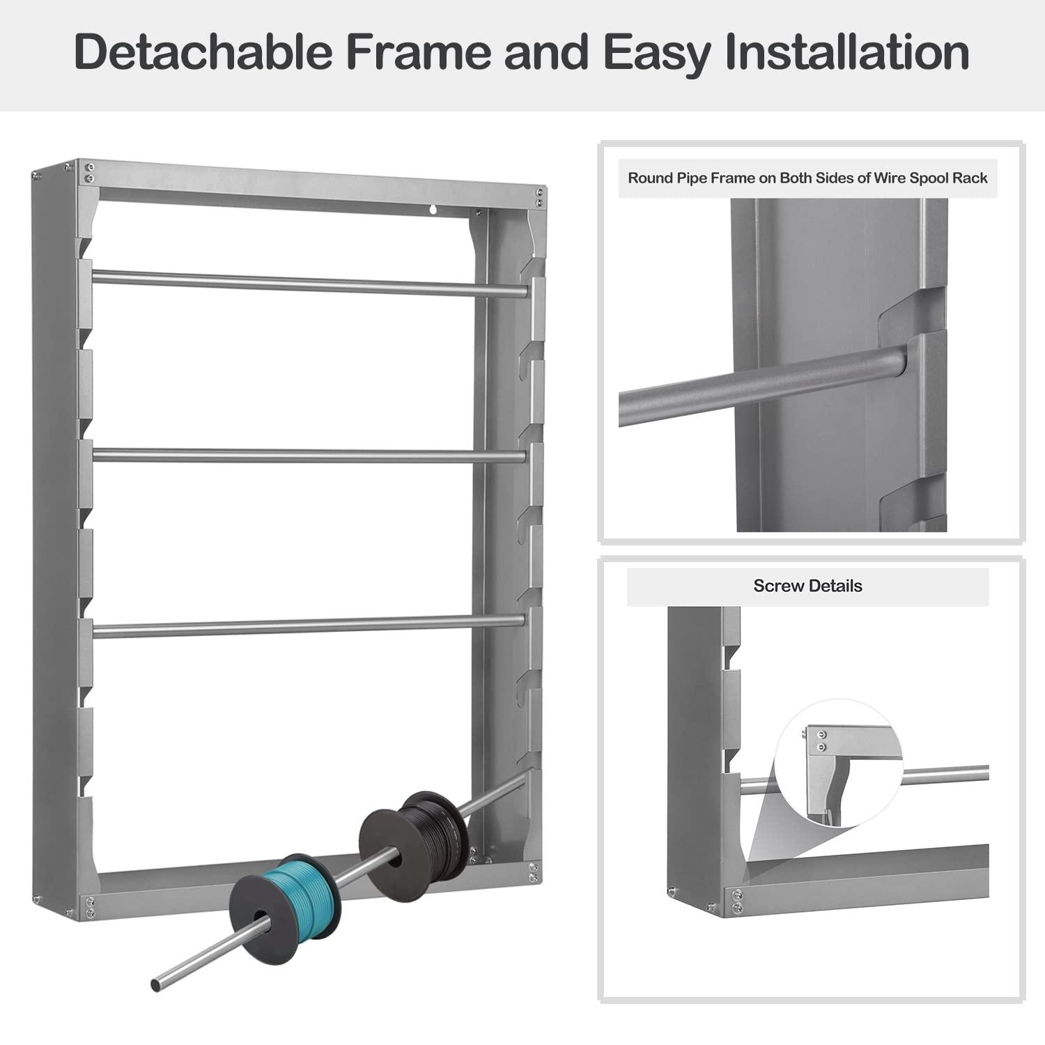 foriy foriy Wire Spool Rack, Heavy Duty Cold-Rolled Steel Wire Dispenser, Conduit Display Rack, Wall Mounted Spool Storage Rack for Electrical Industrial Retail Use 4 Adjustable Rods Grey