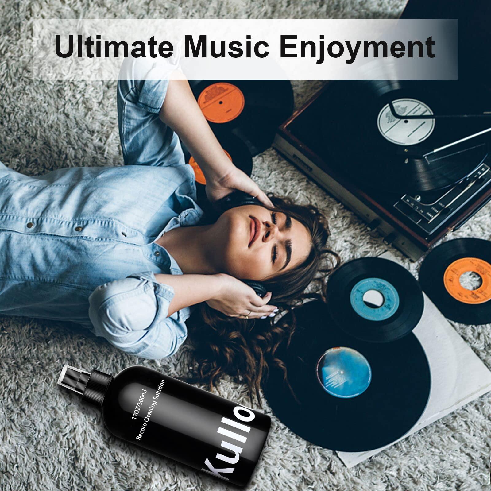 kulloomii Vinyl Record Cleaner Solution 17oz/500ml, 4Pcs Vinyl Record Cleaning Kit, Record Cleaning Fluid Spray & Label Protector & Microfiber Cloth & Protector Pad, Record Player Cleaning Kit for LP Album