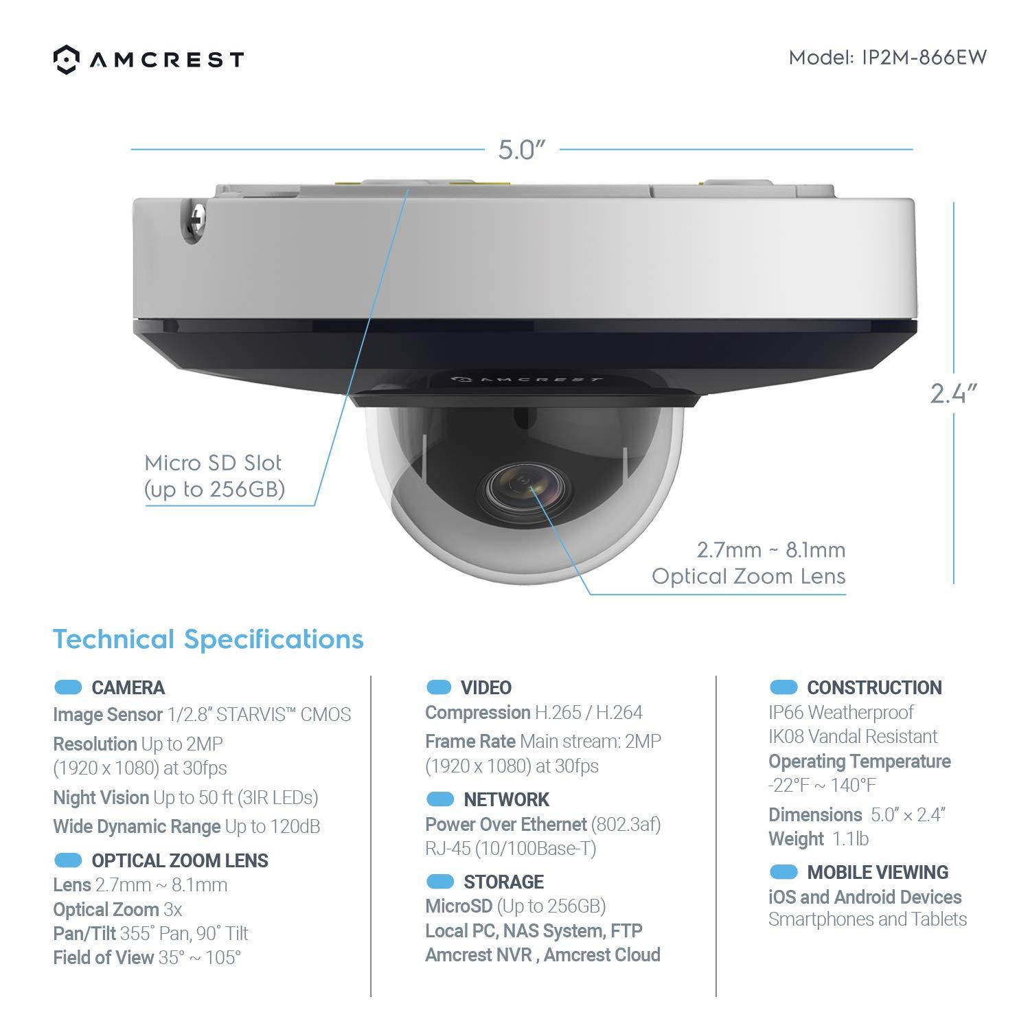 Amcrest Amcrest ProHD 1080P PTZ Camera Outdoor, 2MP Outdoor Vandal Dome IP PoE Camera (3X Optical Zoom) IK08 Vandal-Proof, IP66 Weatherproof, Night Vision up to 49ft, Pan/Tilt (IP2M-866EW) (White) (Renewed)
