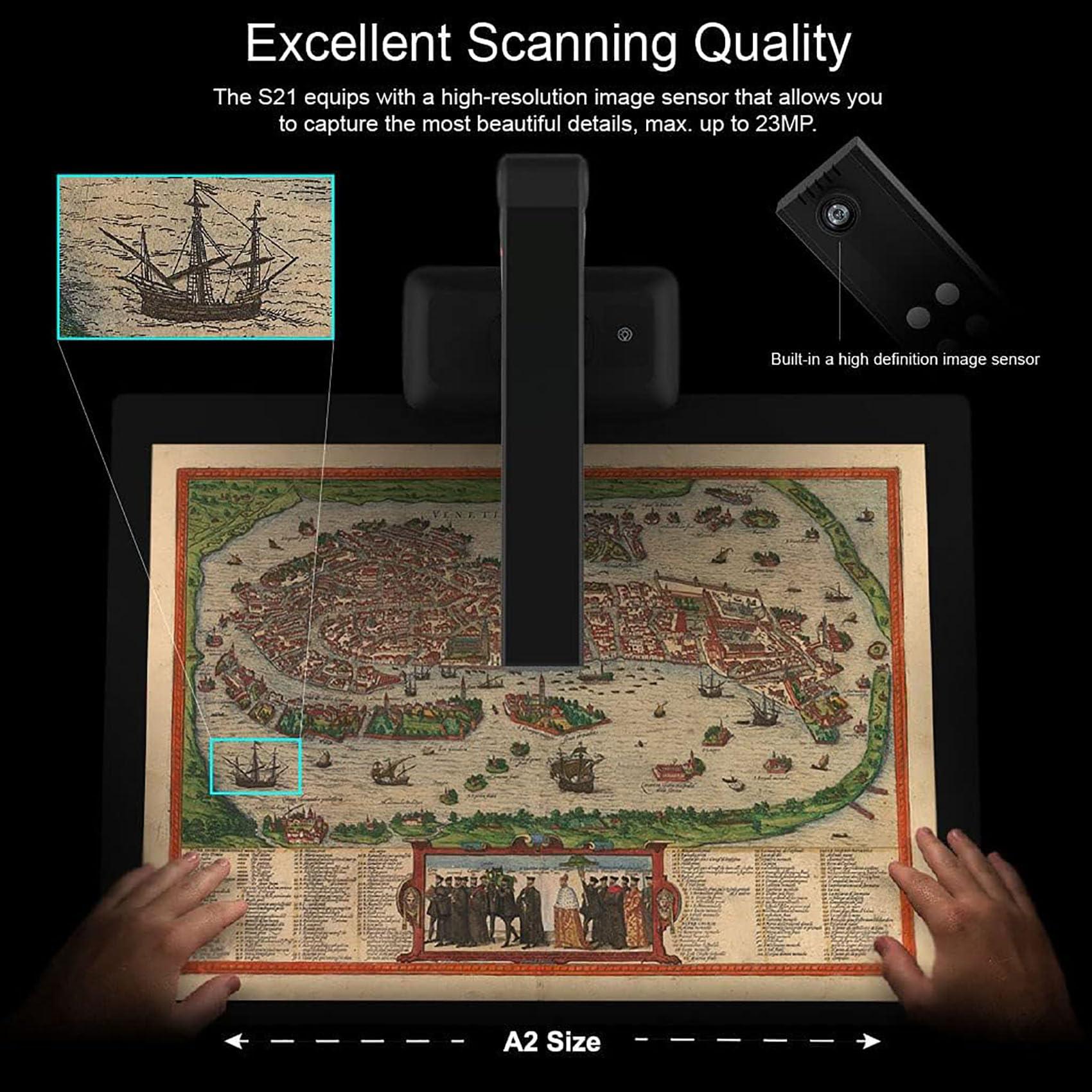 Kadxyan S21 A2 Overhead Scanner, A2/A3 Large Format Camera Scanner for Book & Document, Auto Flatten & Fingerprint Removal Technologies, 23MP High Resolution