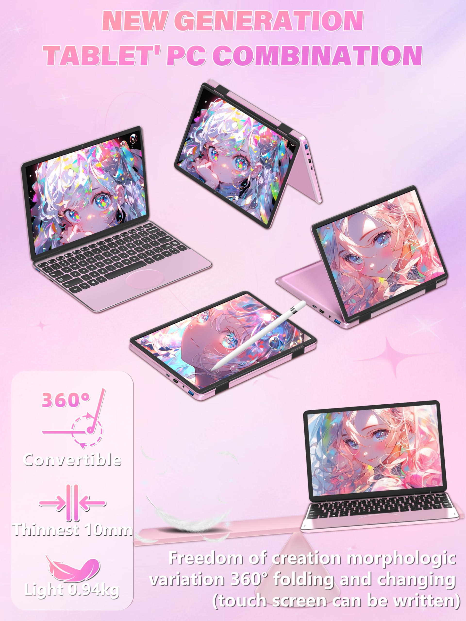 Svikou Svikou 11\" Touchscreen 2-in-1 Convertible Pink Laptop for Business&Students, in tel N100 CPU,16G DDR4 RAM,512G SSD,FHD 1920 * 1200 IPS,Win 11 Pro PC,Backlit Keyboard, WiFi, Type-C,HDMI, Oval Trackpad
