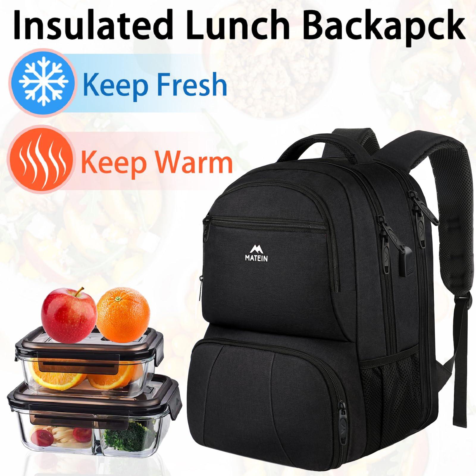 MATEIN MATEIN Lunch Backpack for Men, 18 Inch Large Insulated Backpack Cooler with USB Charging Port, Water Resistant Laptop Back pack with Lunch Box Bag for Work Travel Business College Picnic, Black