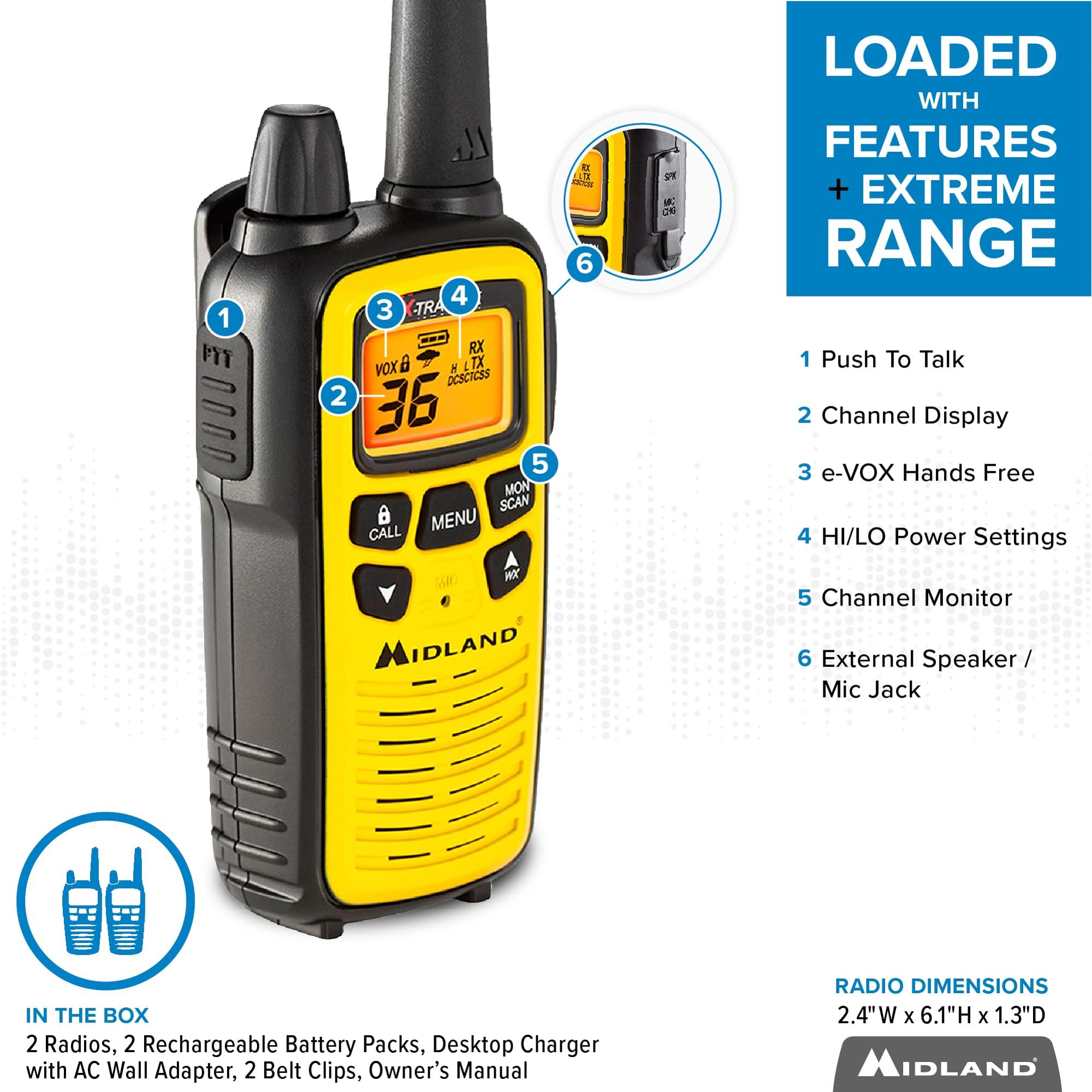 Midland Midland - LXT600VP3 Long Range Walkie Talkie - FRS Two-Way Small Business Radio Rechargeable Portable- UTV Accessories with NOAA Weather Scan + Alert, and 36 Channels (Yellow/Black, 2 Radios)