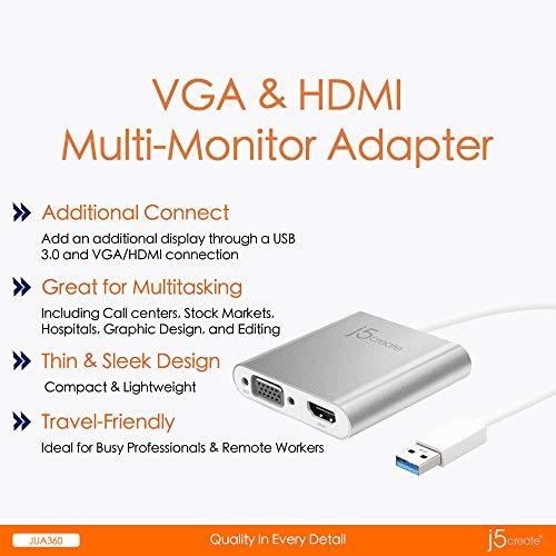 j5create j5create USB to HDMI VGA Multi-Monitor Adapter - Supports Resolutions up to 2048 x 1152 - Compatible with Windows and Mac with USB Type-A 3.0 Port (JUA360)