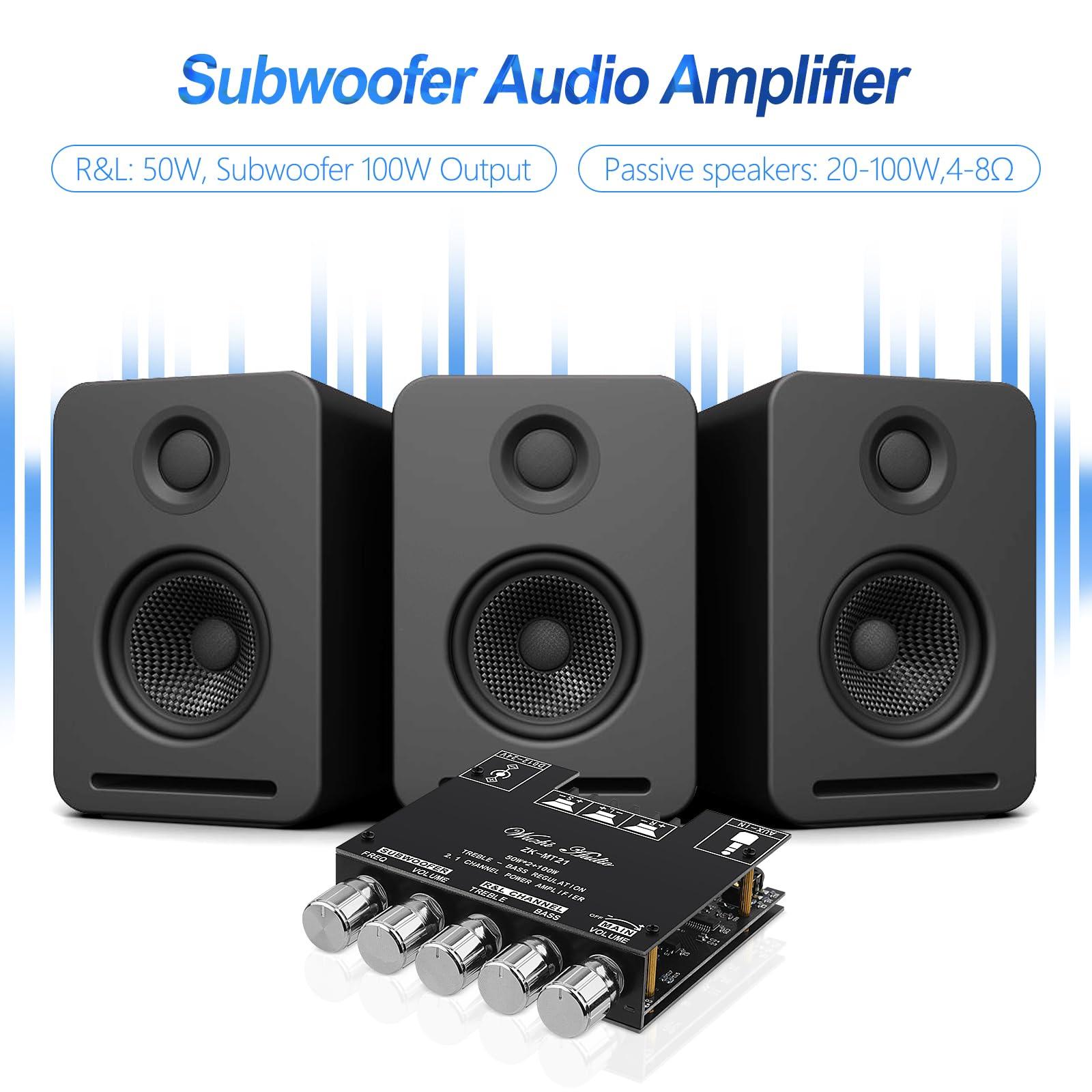 ARRAROWN Bluetooth 5.0 Audio Amplifier Board, ZK-MT21 2.1 Channel 50W X 2 +100W Mini Subwoofer Power Amp HiFi Digital Audio Amp Module for Home Speakers(20-100W, 4-8Ohms), DC 12-24V, BT AUX Input