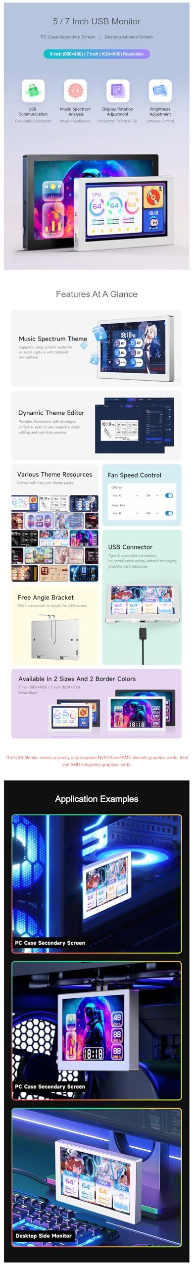 waveshare Coolwell 5 Inch USB Monitor Desktop Ambient Screen IPS Panel PC Case Secondary Screen 800480 Type-C Interface with Music Spectrum Analysis Function (Silver)