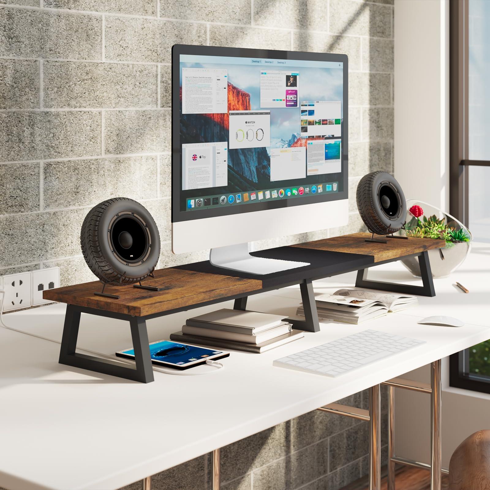 TEAMIX TEAMIX 42 inch Large Dual Monitor Riser, Extra Long Monitor Stand Riser Wide TV Stand Riser Monitor Stand for 2 Monitors Wood & Steel Desktop Riser Desk Organization Home Office