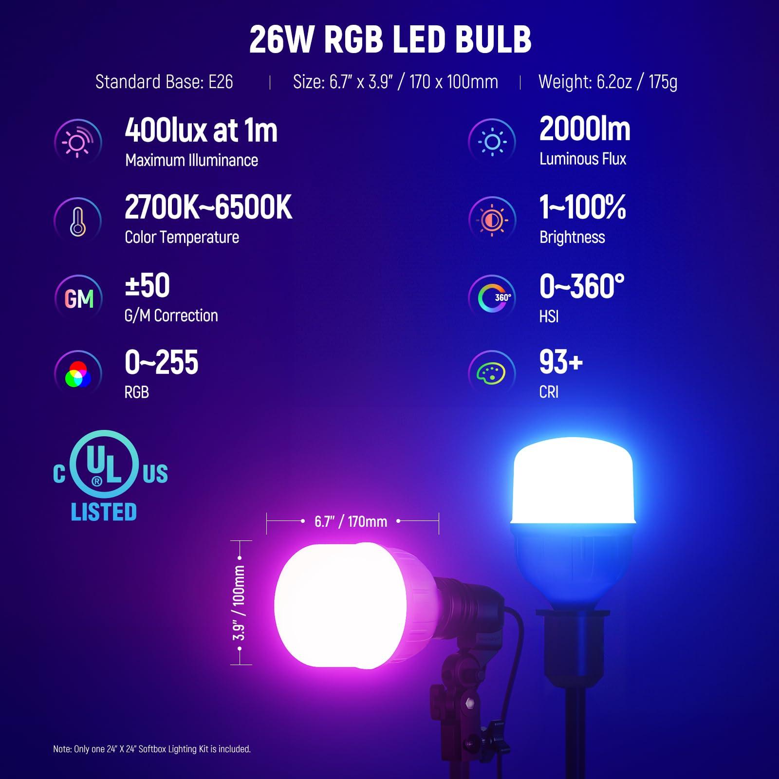 NEEWER NEEWER RGB Softbox Lighting Kit with App Control & 9 Effect Modes, 26W LED Bulb CRI93+ TLCI98+, E26 Porcelain Socket, 24" Softbox, for Studio Photography Lighting, NK800