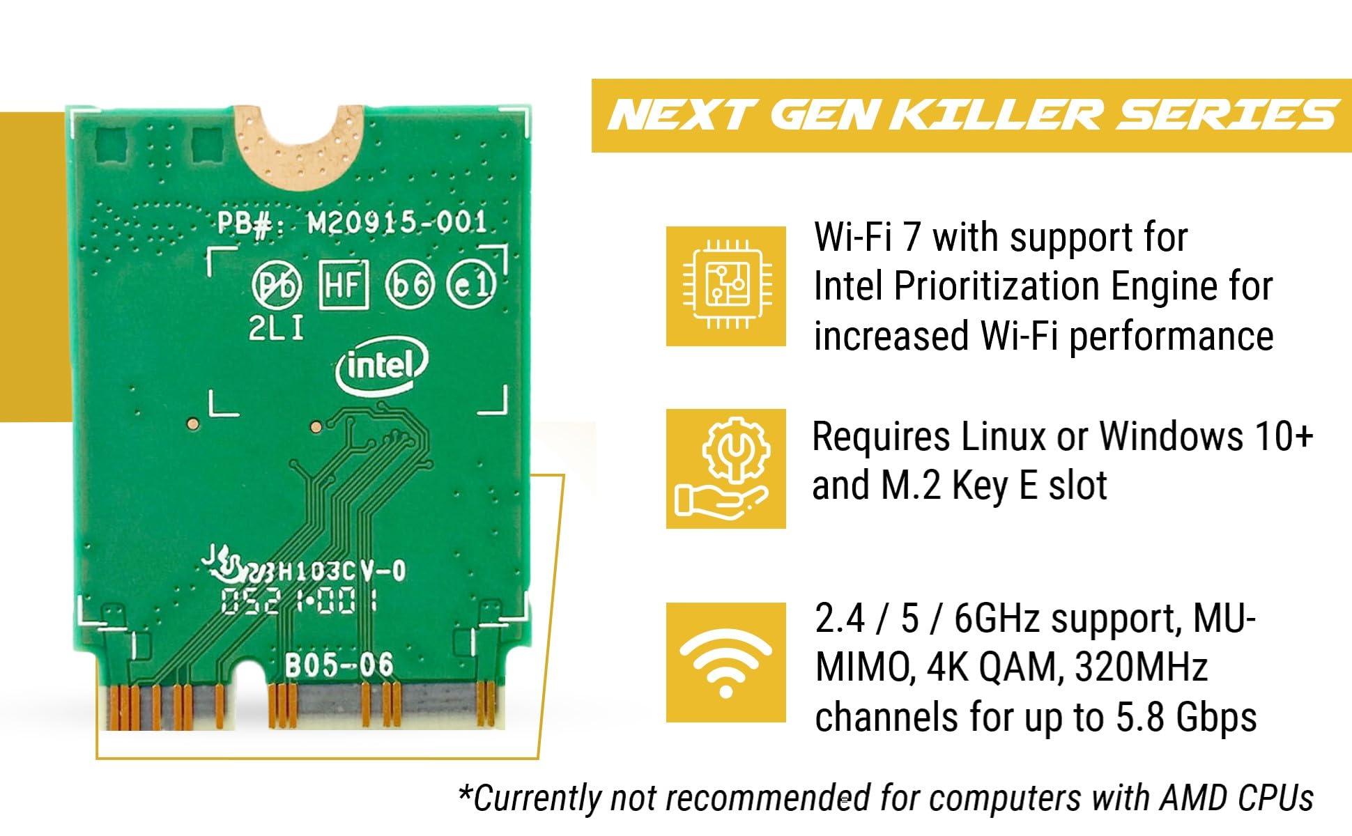 HighZer0 Electronics WiFi 7 Killer Series for Intel BE1750x Upgraded BE200 Wi-Fi 7 Card | Gaming WiFi Adapter | M.2 PCIe WiFi Card | 5.8 Gbps 320MHz 4K QAM | Supports Bluetooth 5.4 & Intel PC with Windows 10/11 (BE1750x)