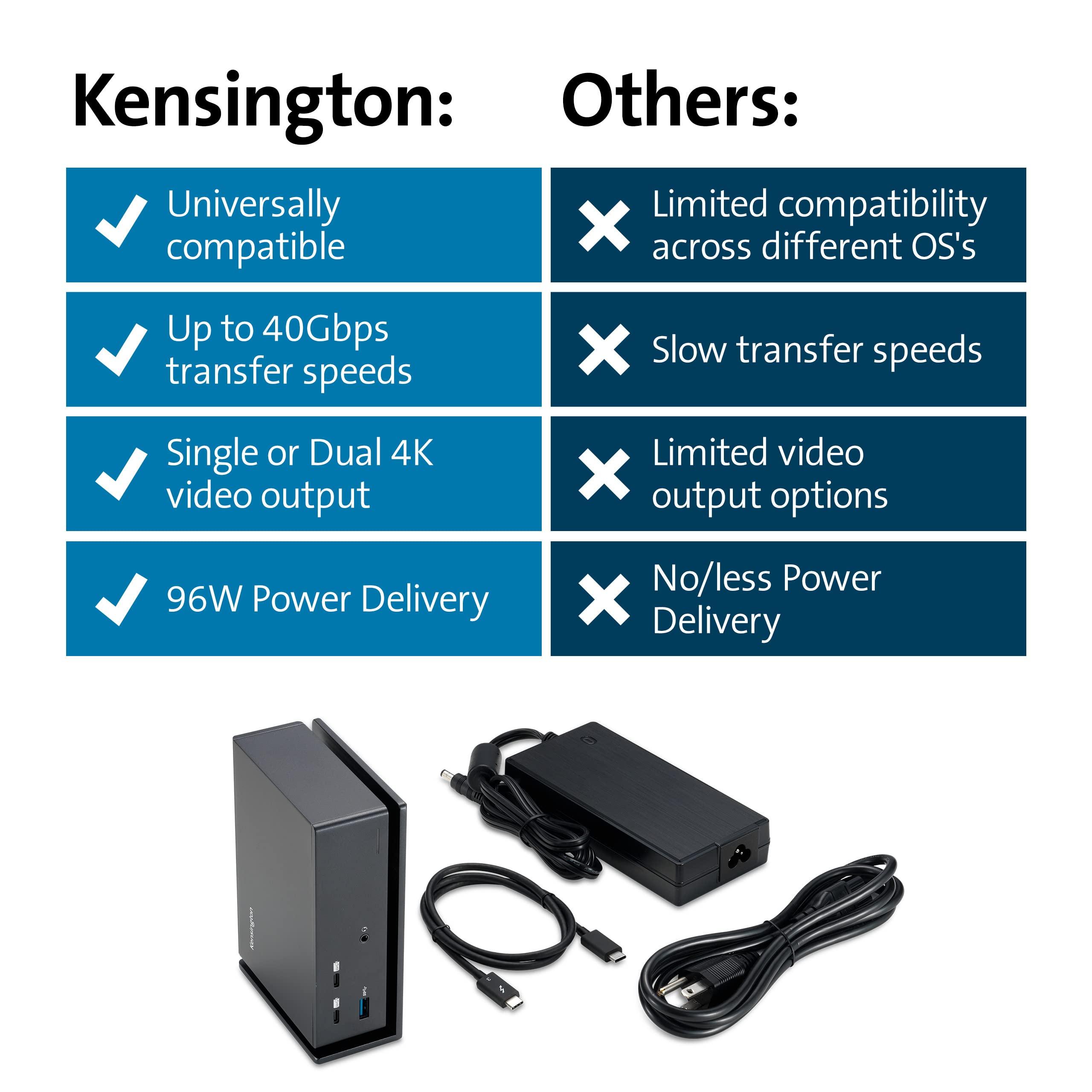 Kensington Kensington USB-C and Thunderbolt Dock, up to 100W Charging, Dual 4K, for Mac, Windows and Surface (K37010NA)