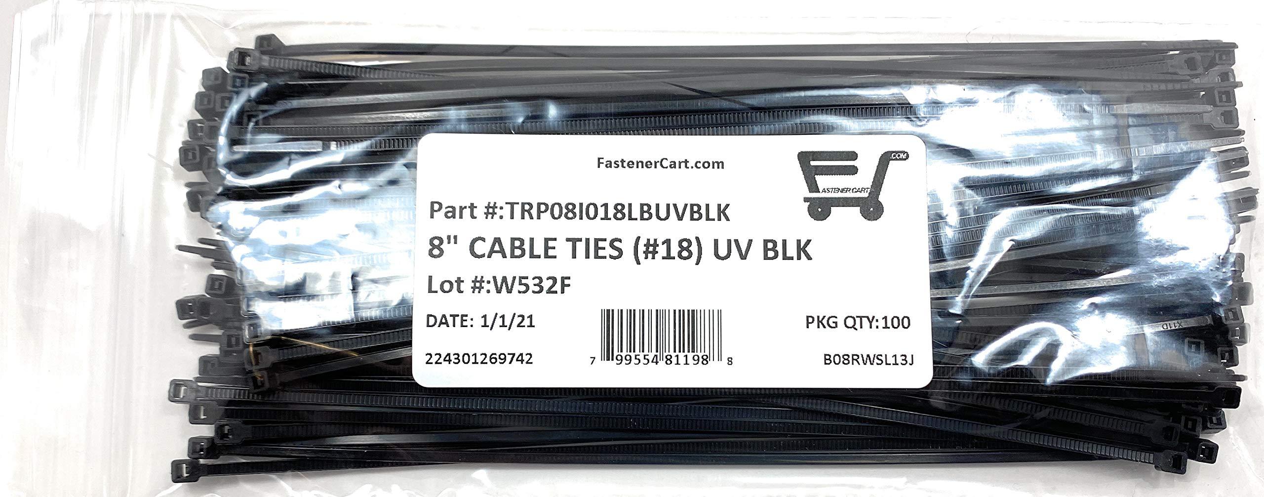 Fastener Cart 8" Cable Ties (.095 Width) High UV Resistant Zip Ties 18# Tensile Black (100 Pieces)
